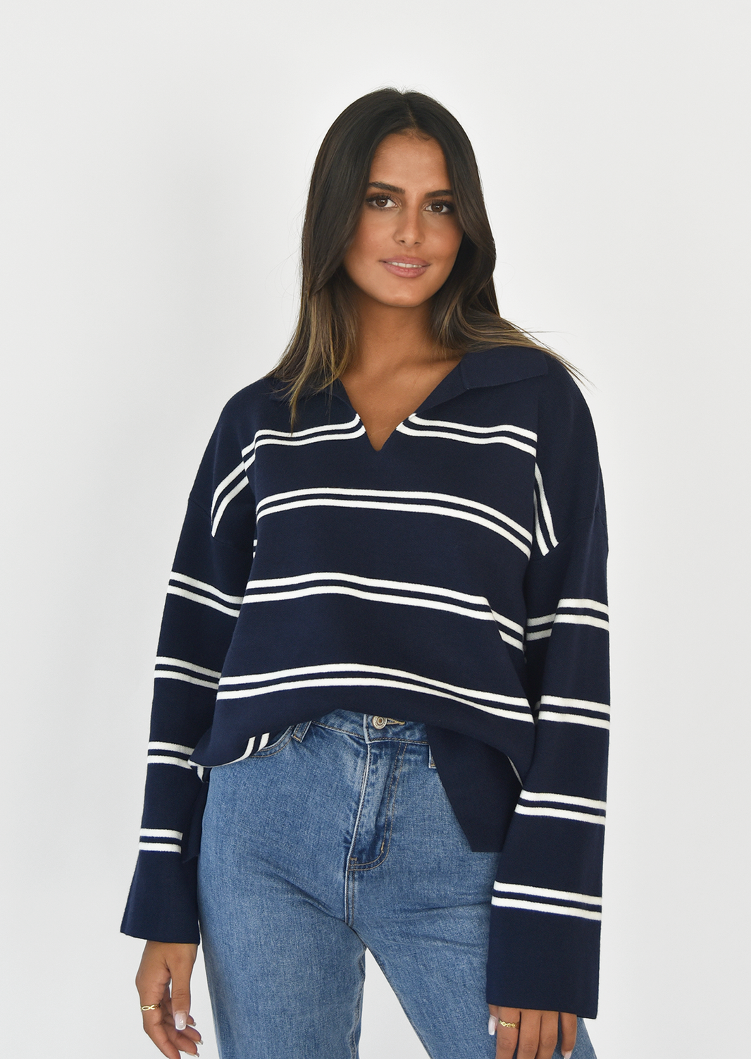 Striped collar knitted sweater