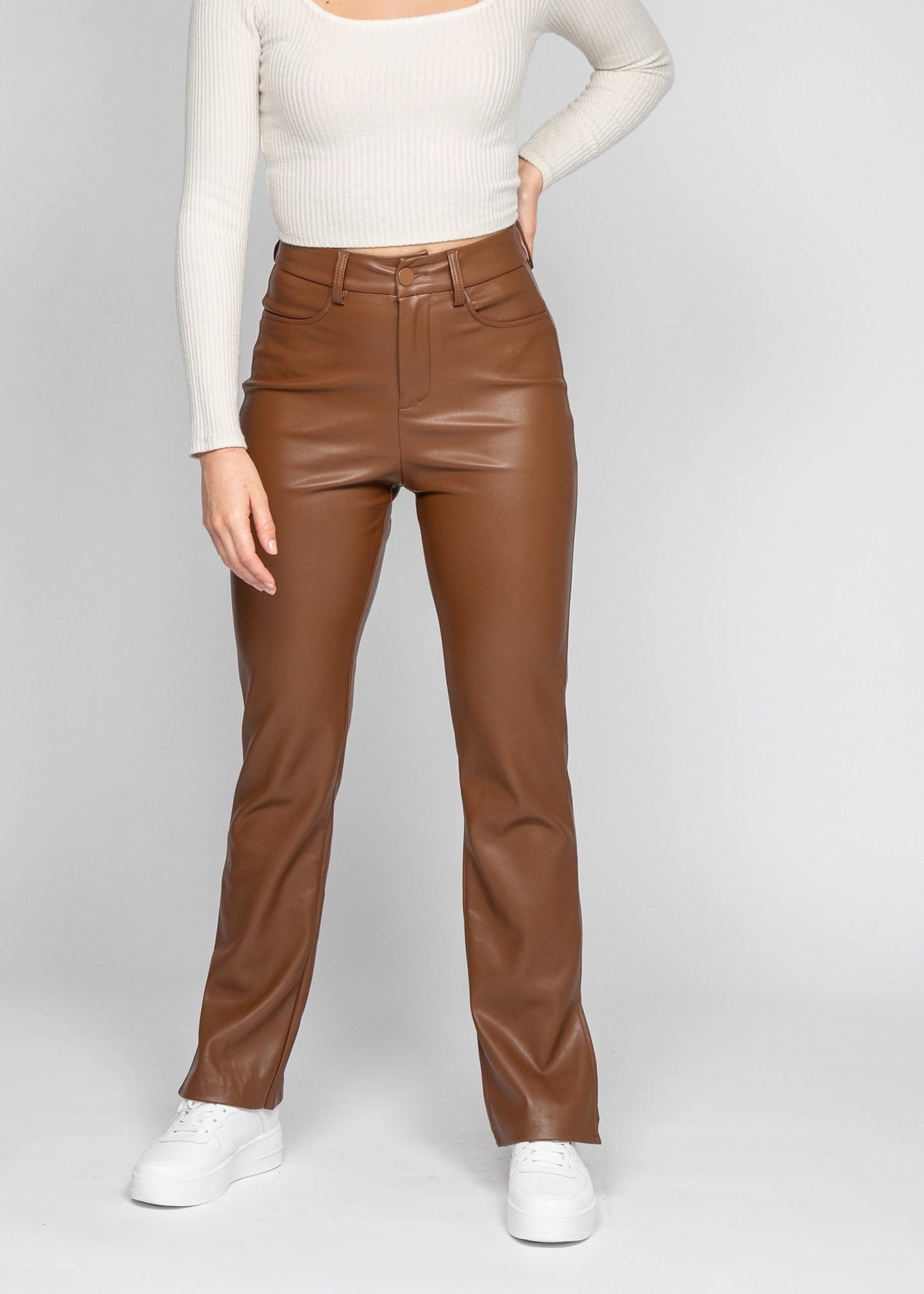 Faux leather trousers with side split in brown