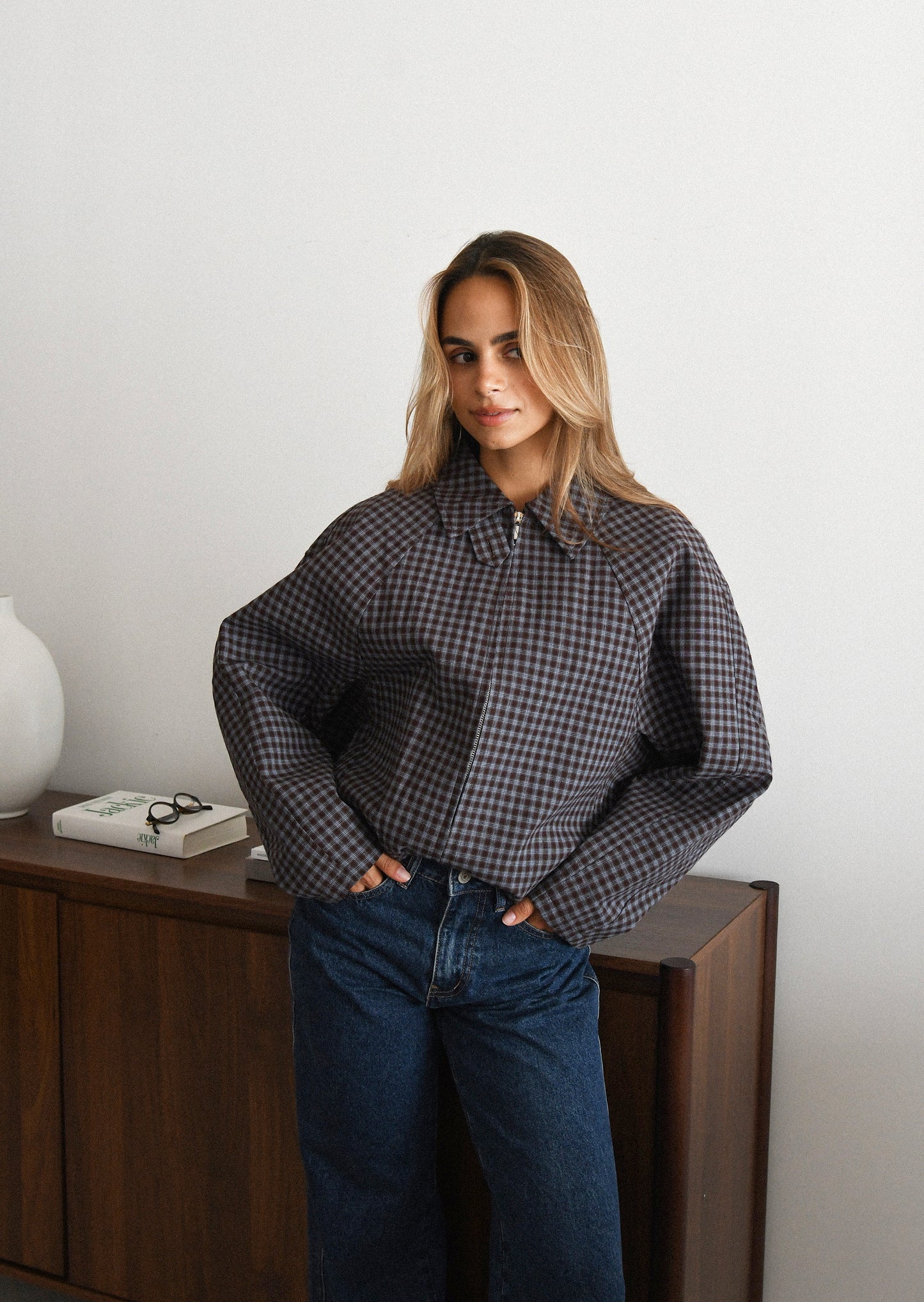 Chaqueta de cuadros con cuello alto