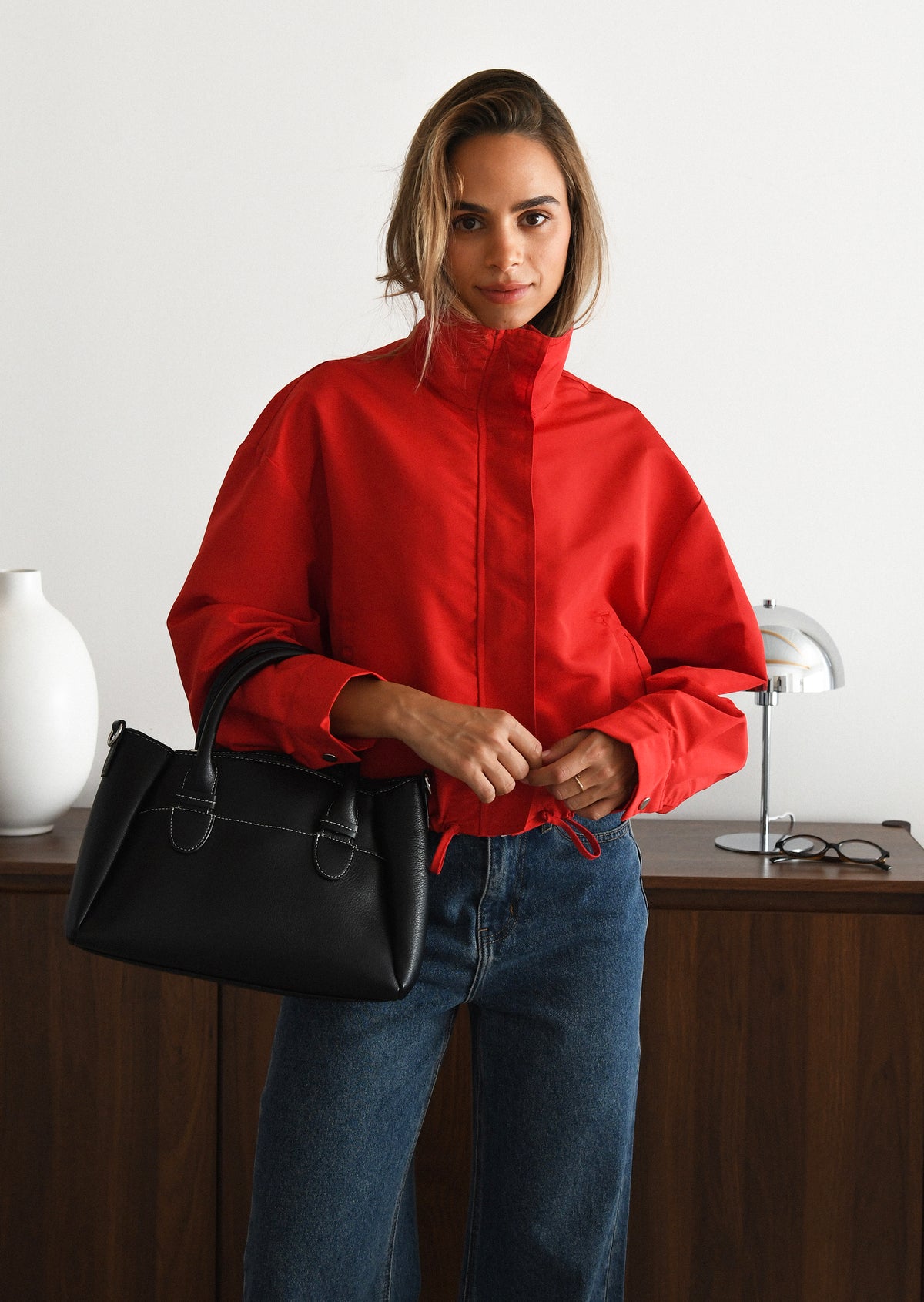 Funnel-neck checked jacket