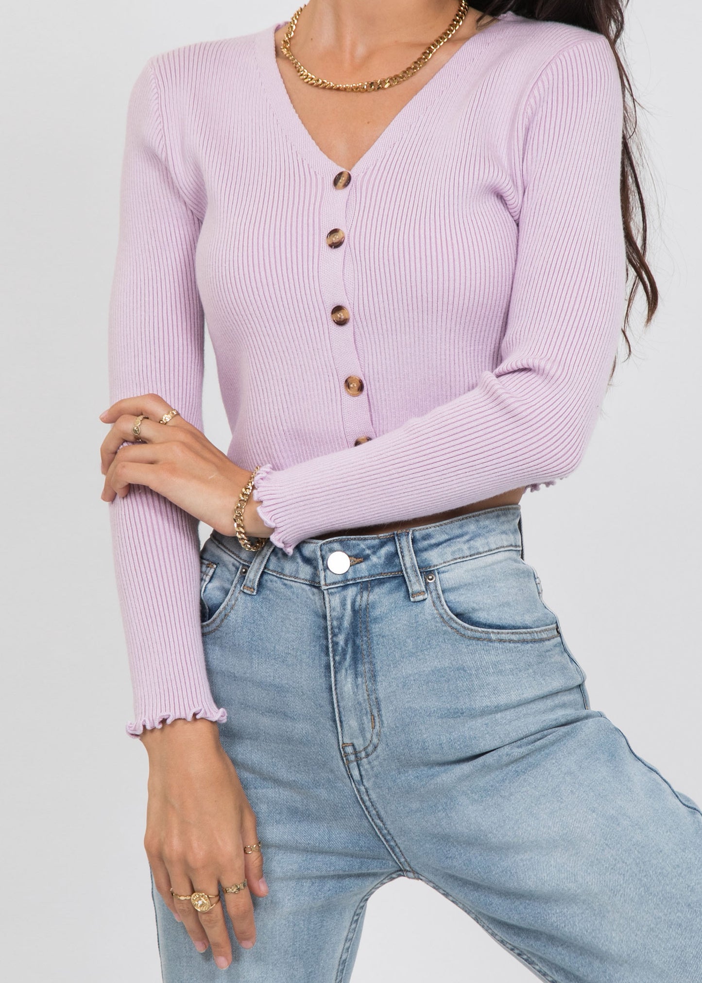 Ruffle hem button front ribbed cardigan in lilac