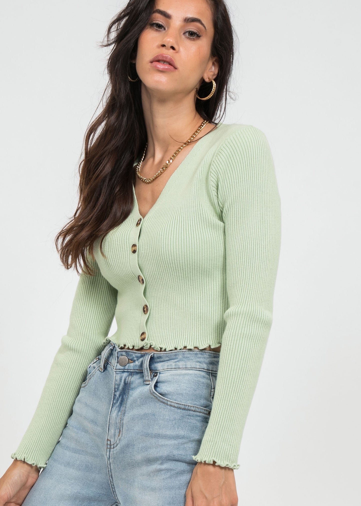 Ruffle hem button front ribbed cardigan in green