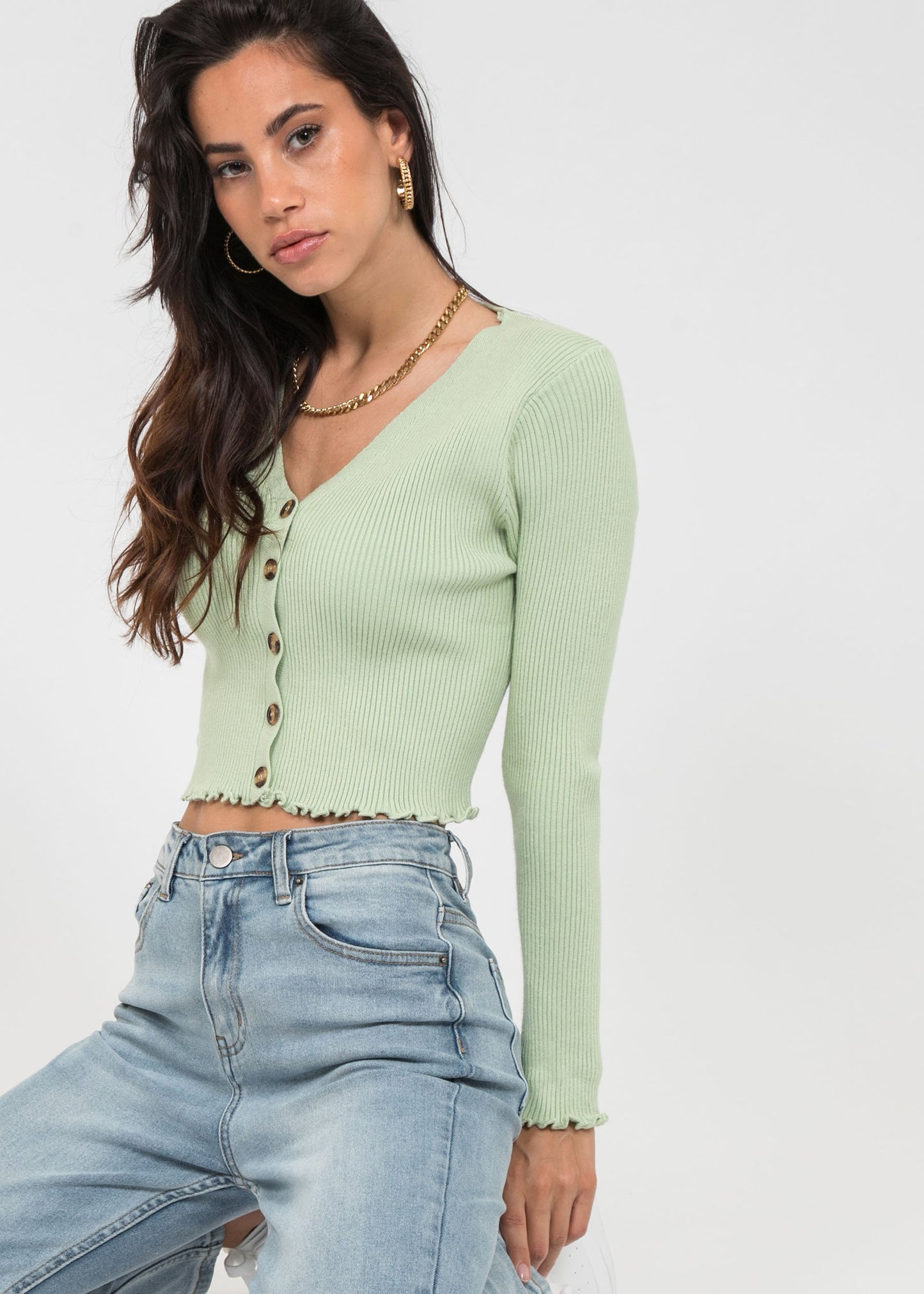 Ruffle hem button front ribbed cardigan in green