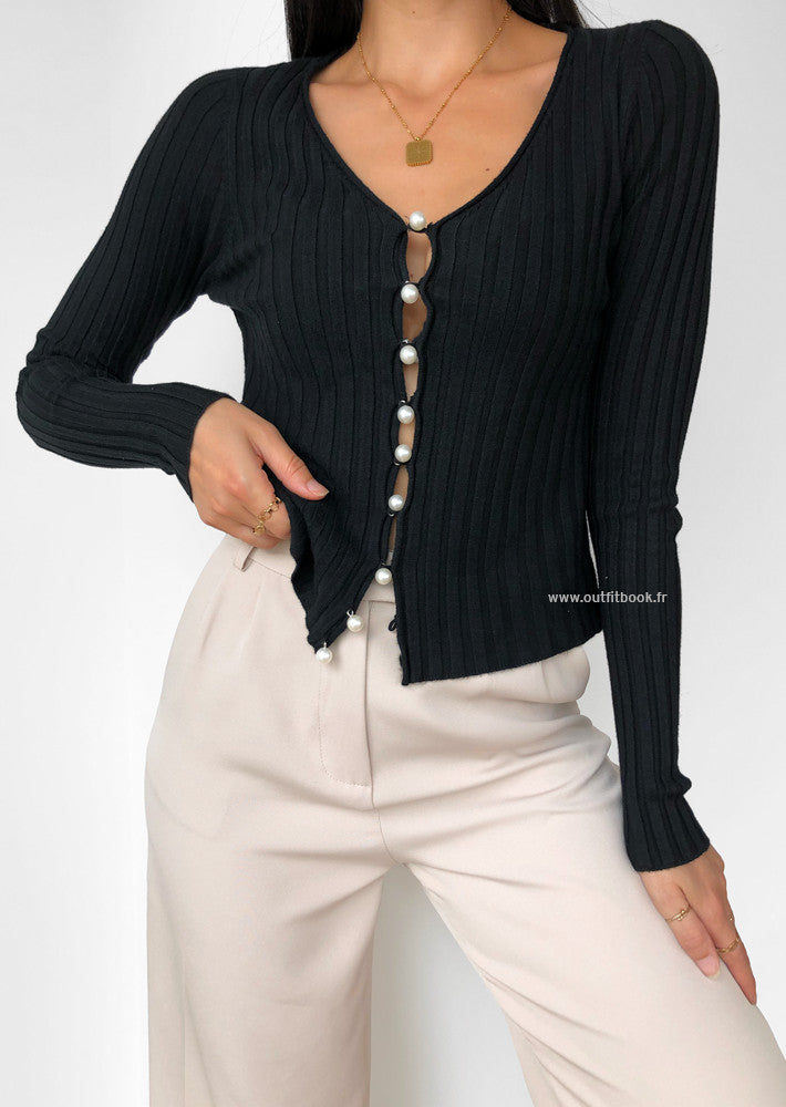 Cardigan côtelé noir avec boutons perles