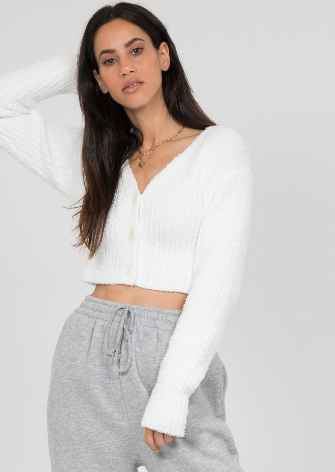 Fluffy ribbed cardigan in white