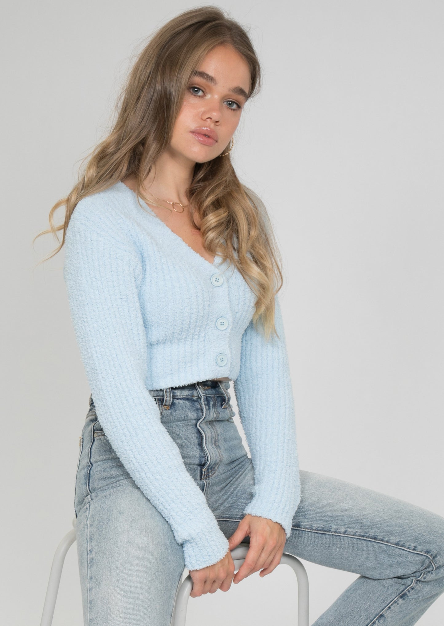 Fluffy ribbed cardigan in blue