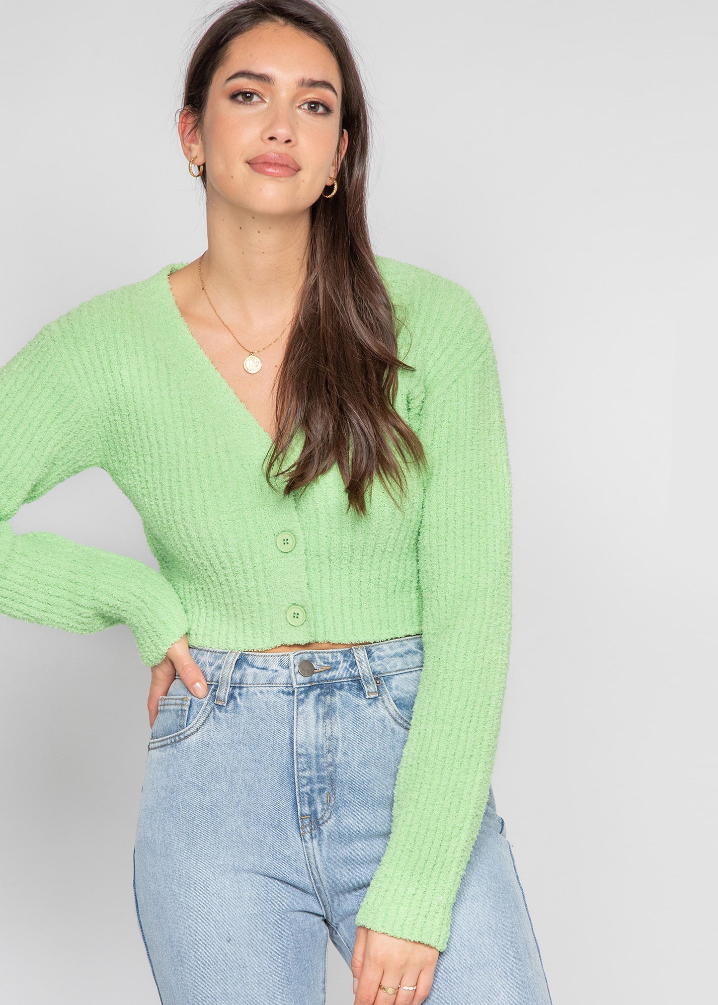 Fluffy ribbed cardigan in green