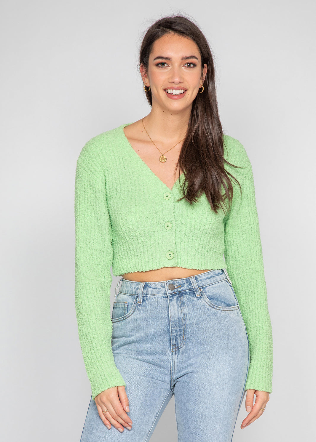 Fluffy ribbed cardigan in green