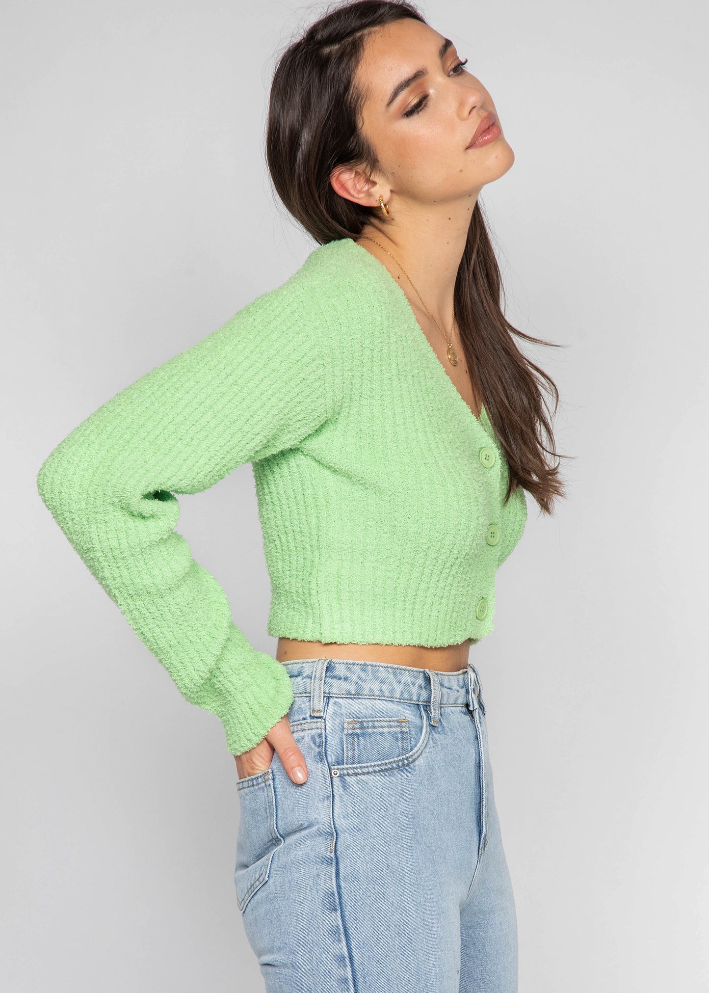 Fluffy ribbed cardigan in green