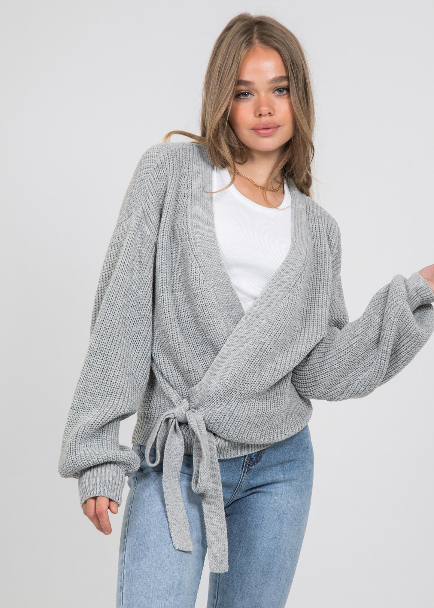 Wrap cardigan with tie front in grey