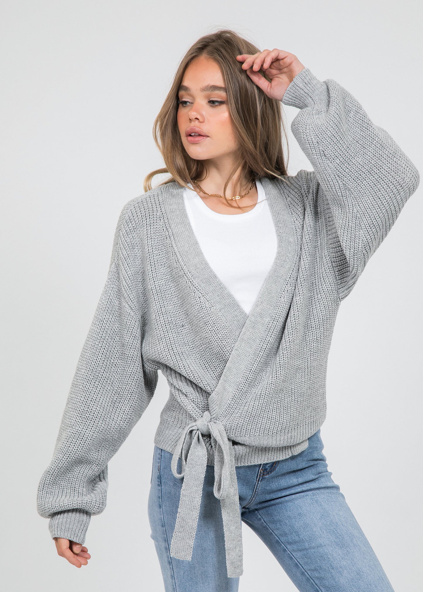 Wrap cardigan with tie front in grey