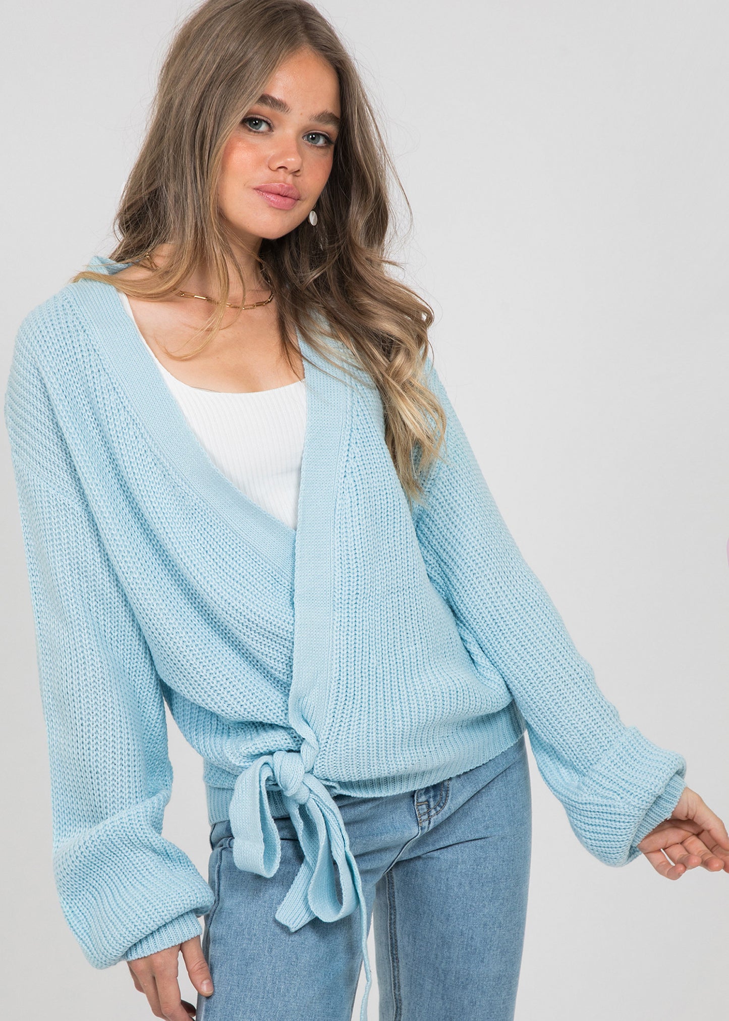 Blue wrap front tie cardigan