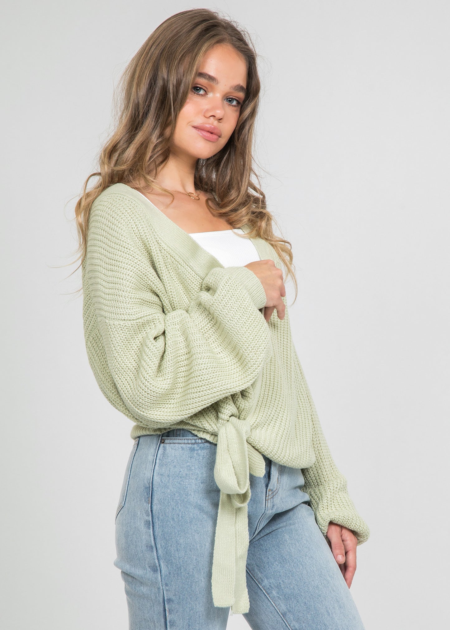 Wrap cardigan with tie front in light green