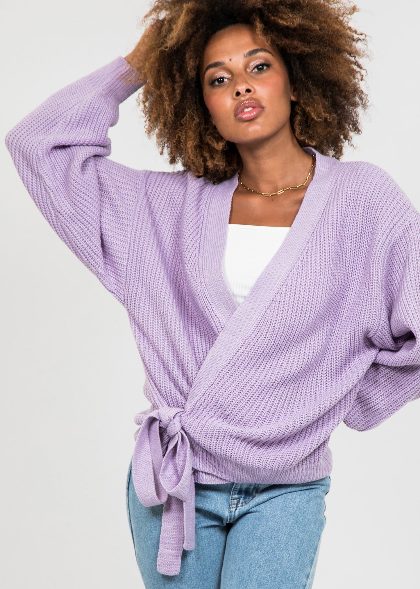 Wrap cardigan with tie front in purple