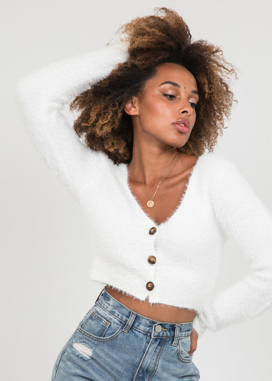 Fluffy cropped cardigan in white