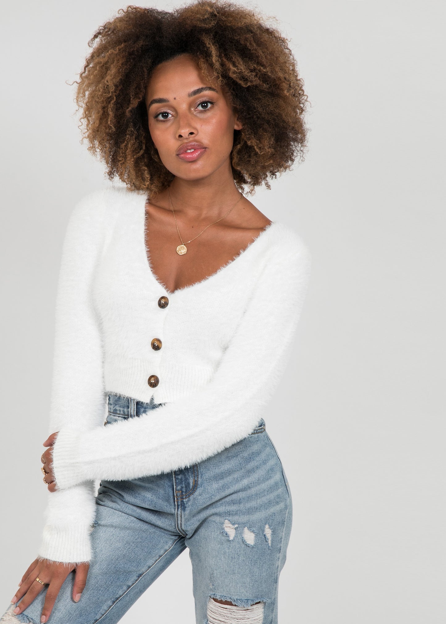 Fluffy cropped cardigan in white