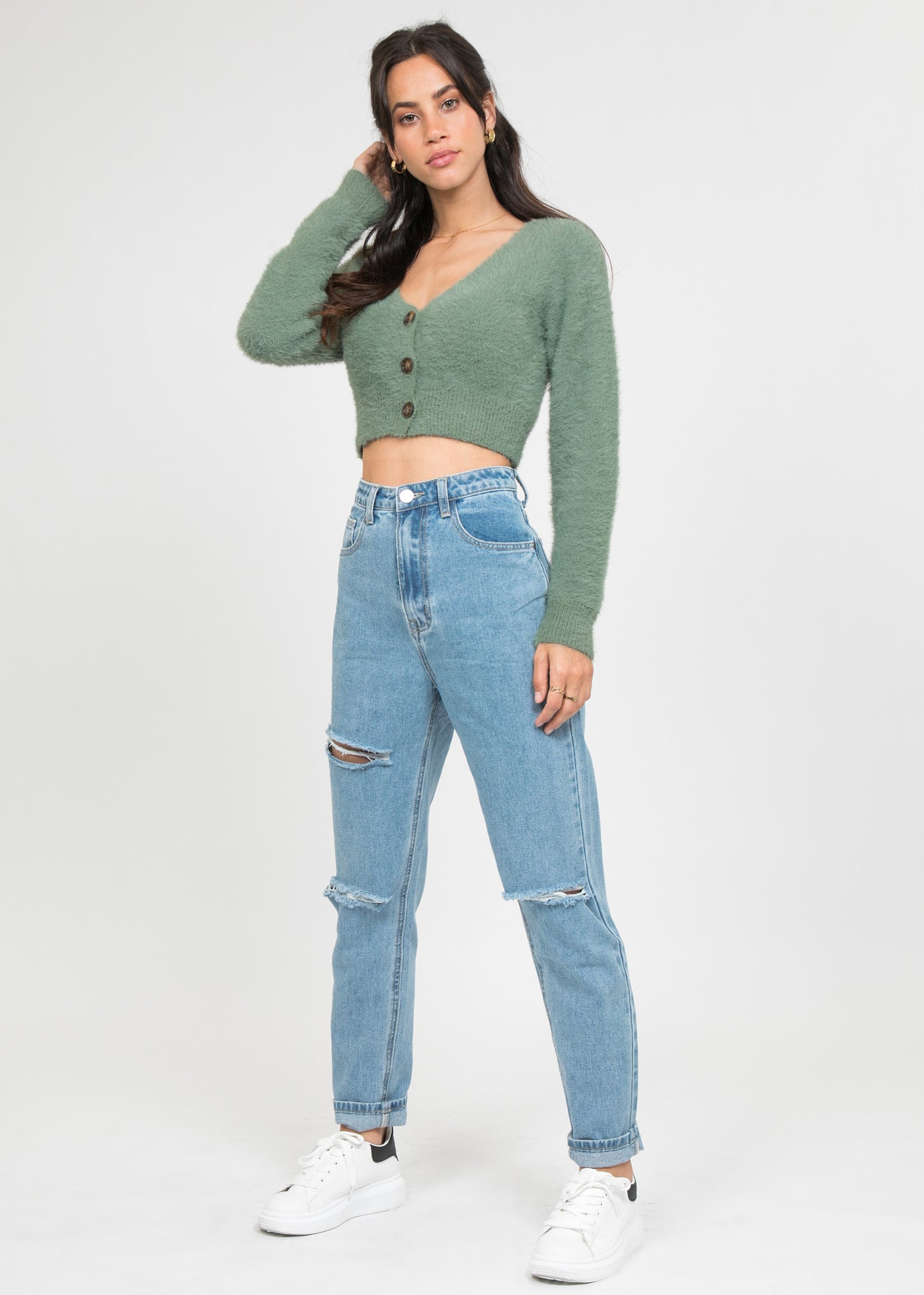 Fluffy cropped cardigan in green