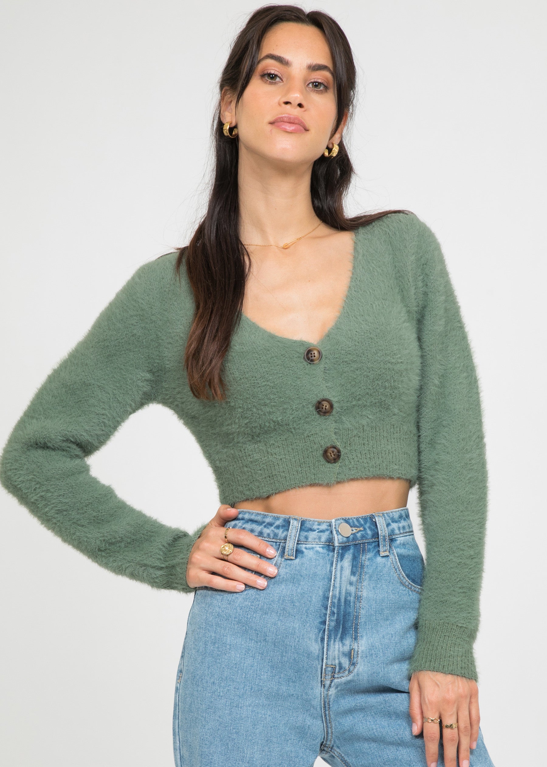 Fluffy cropped cardigan in green Outfitbook