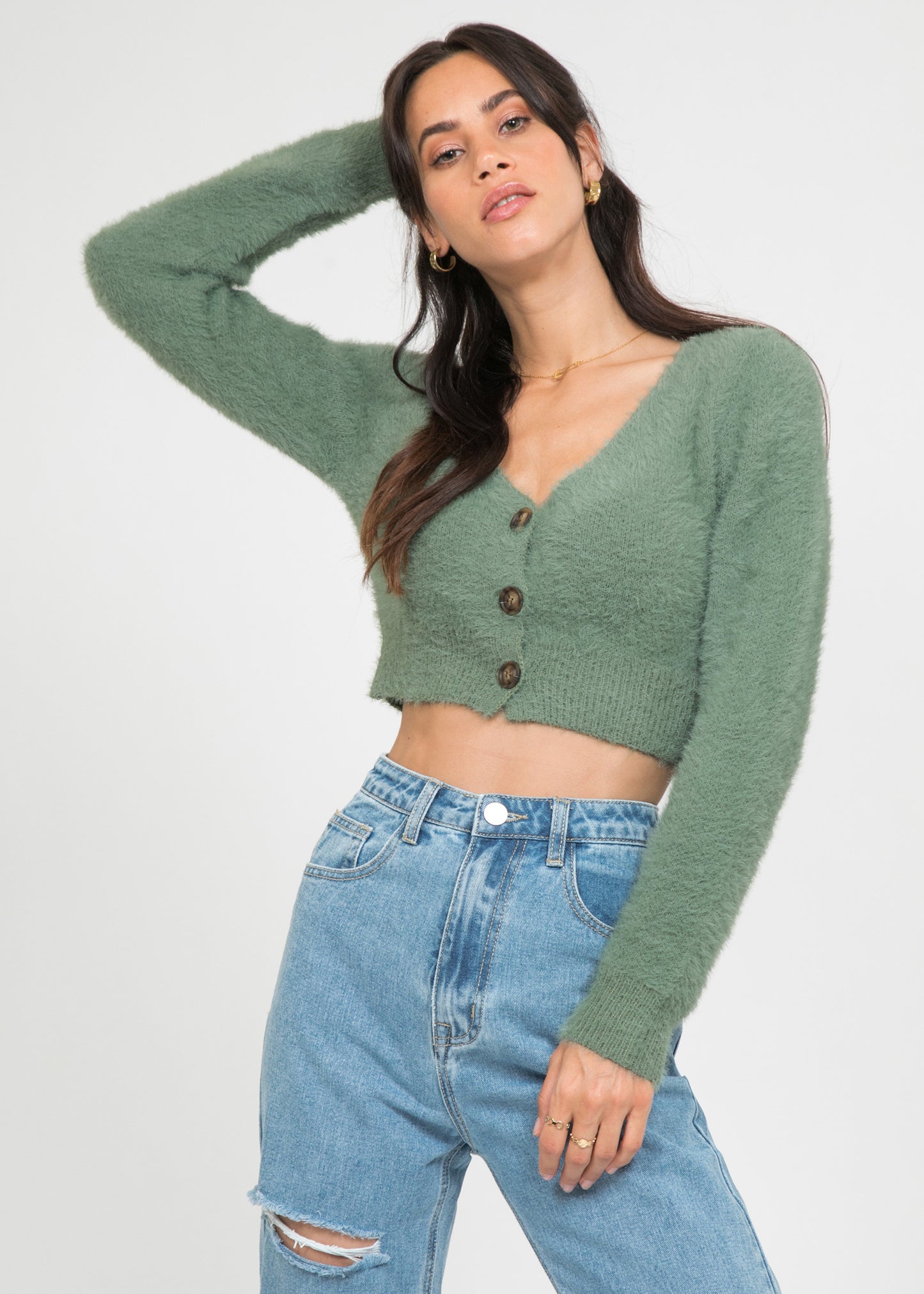 Fluffy cropped cardigan in green