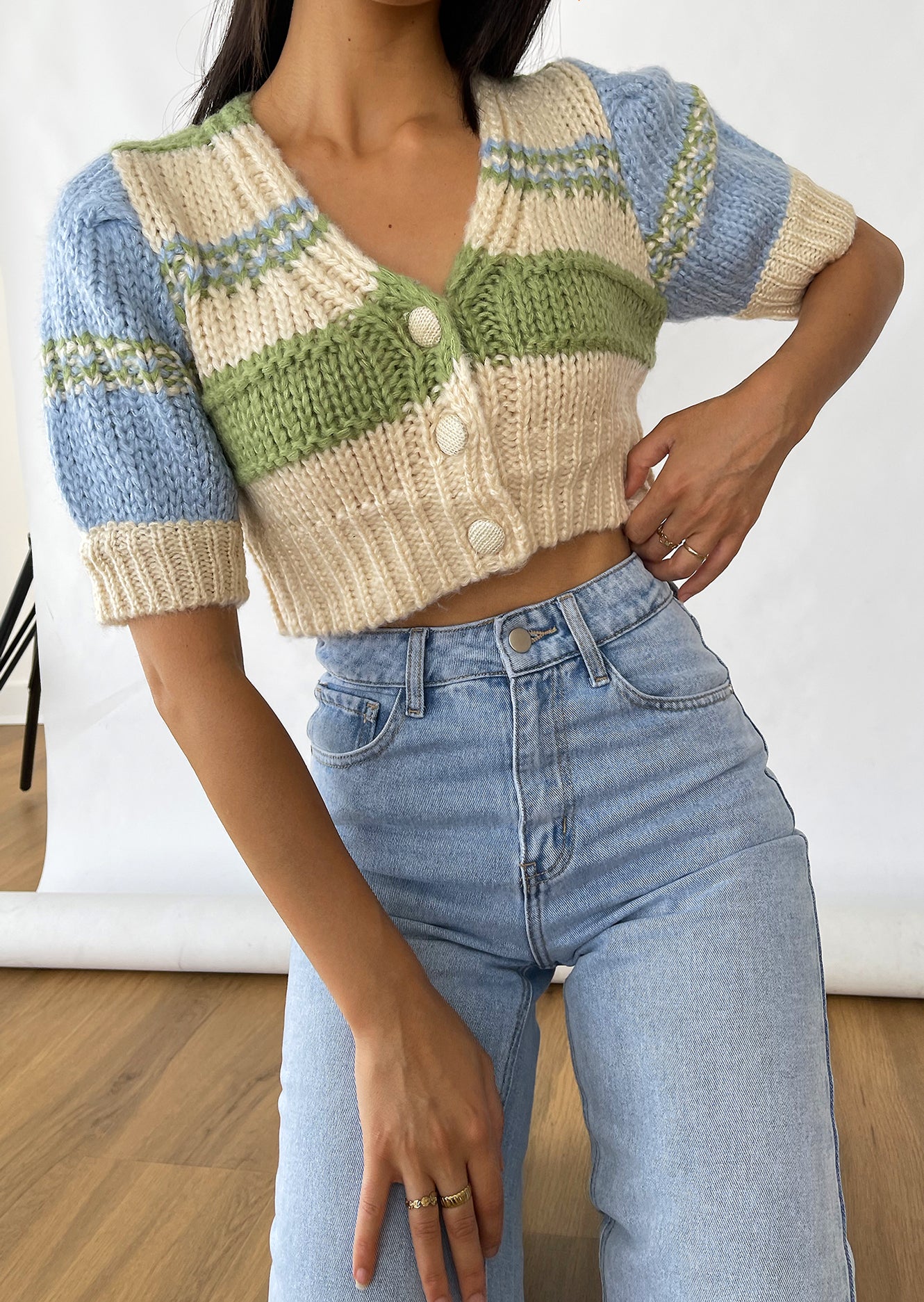 Chunky knitted colourblock crop cardigan