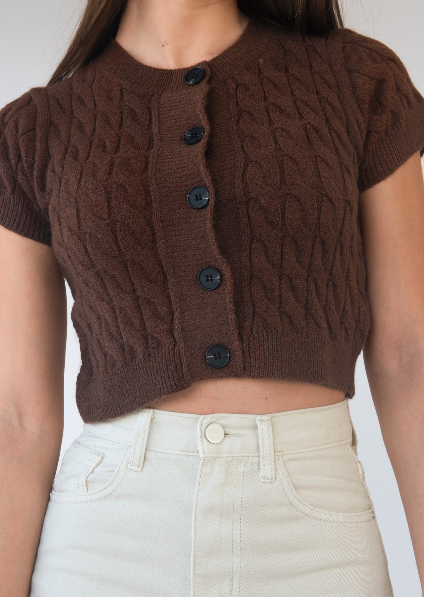Short sleeve cable knit cardigan in brown