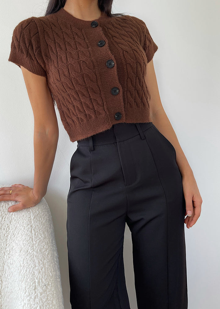 Short sleeve cable knit cardigan in brown