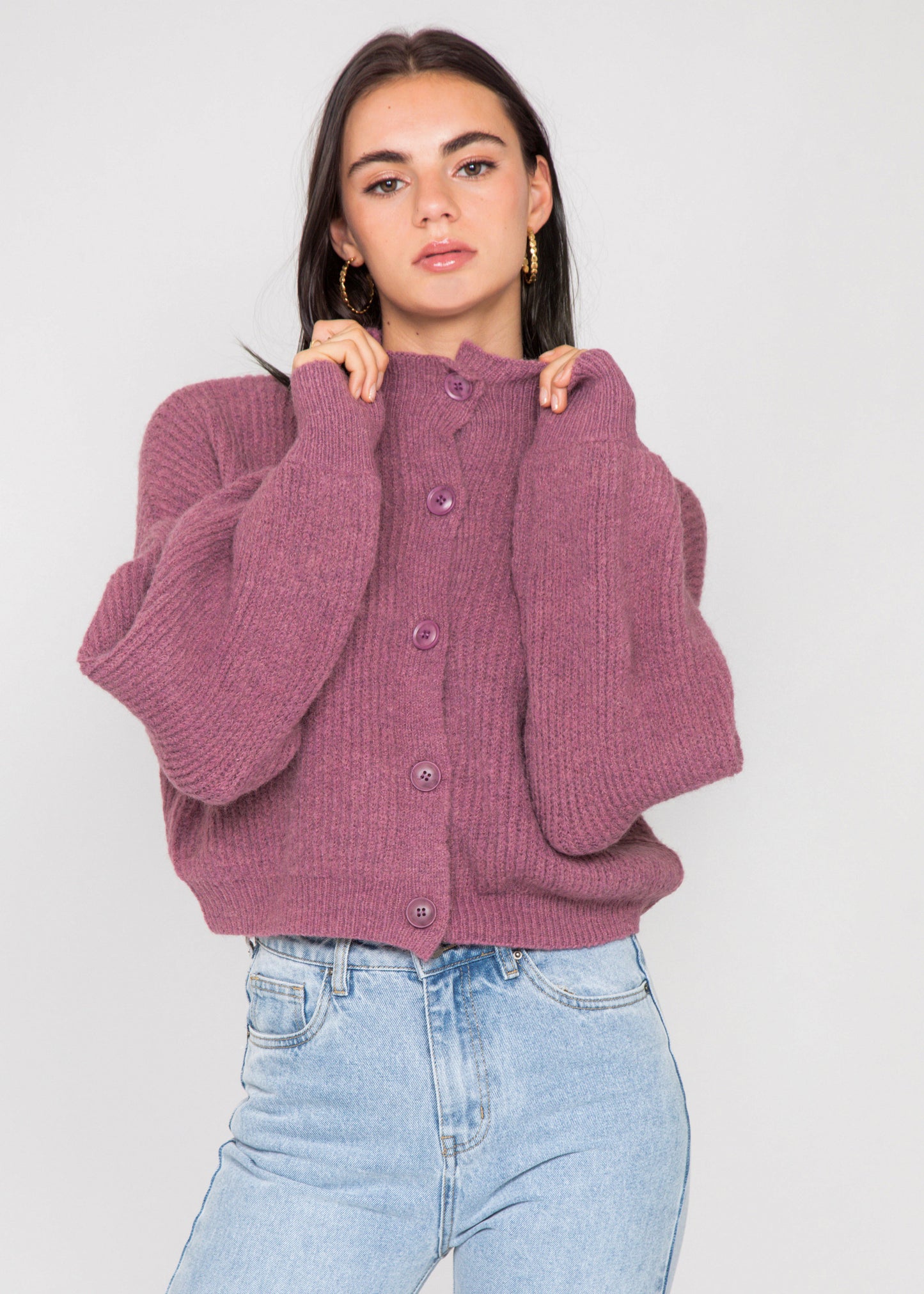 High neck knitted cardigan with buttons in plum