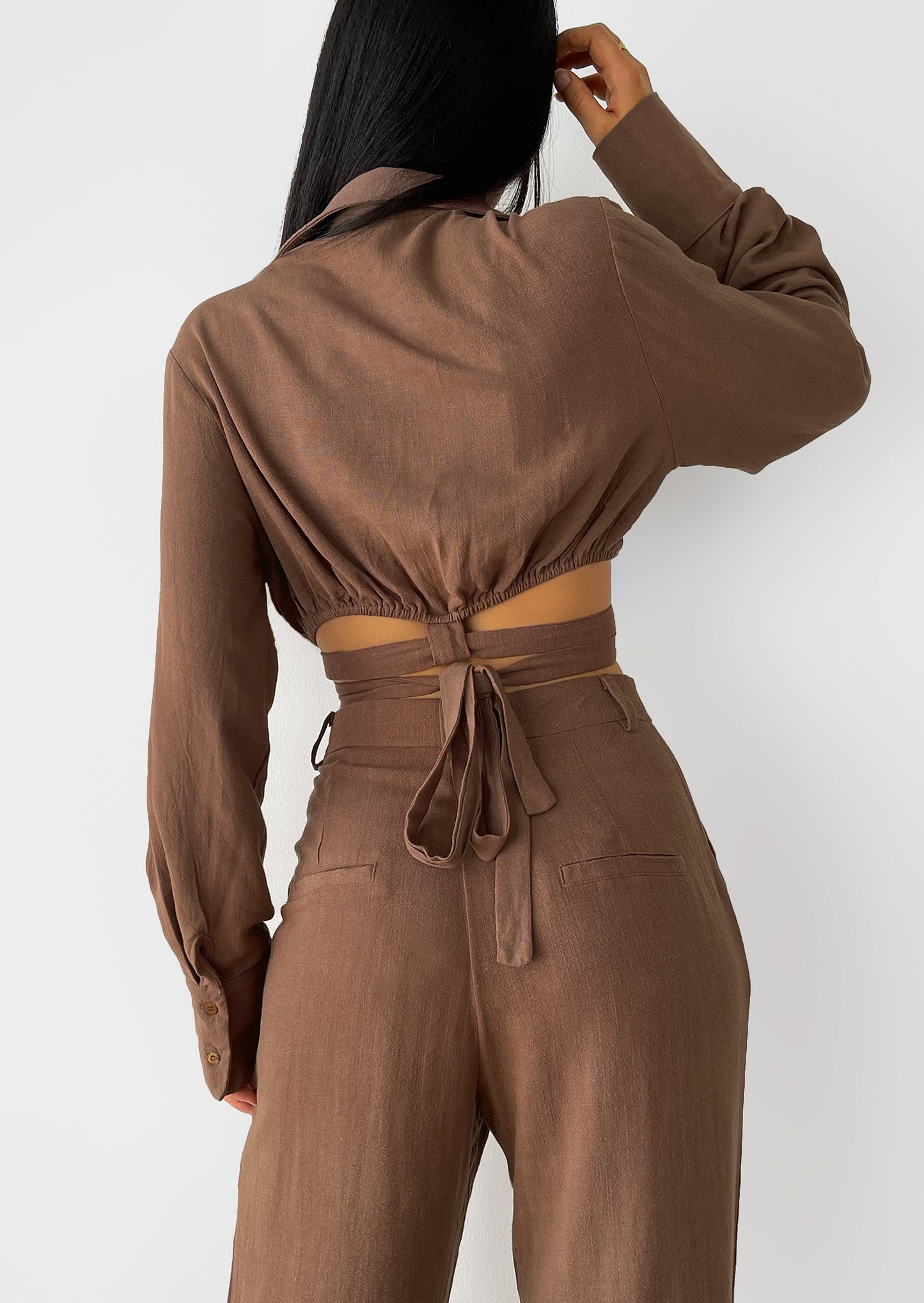 Linen wrap around crop shirt in brown