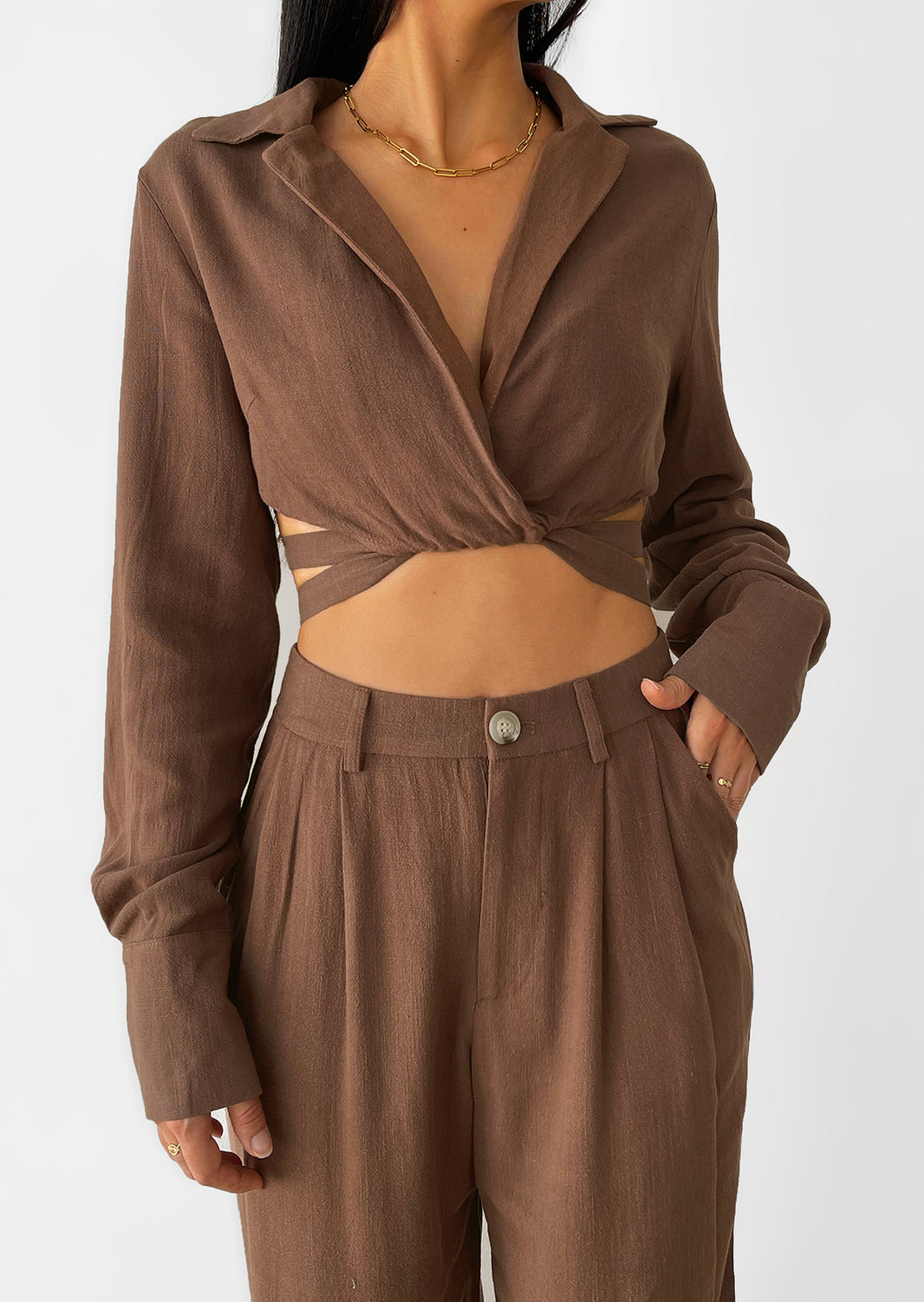 Linen wrap around crop shirt in brown