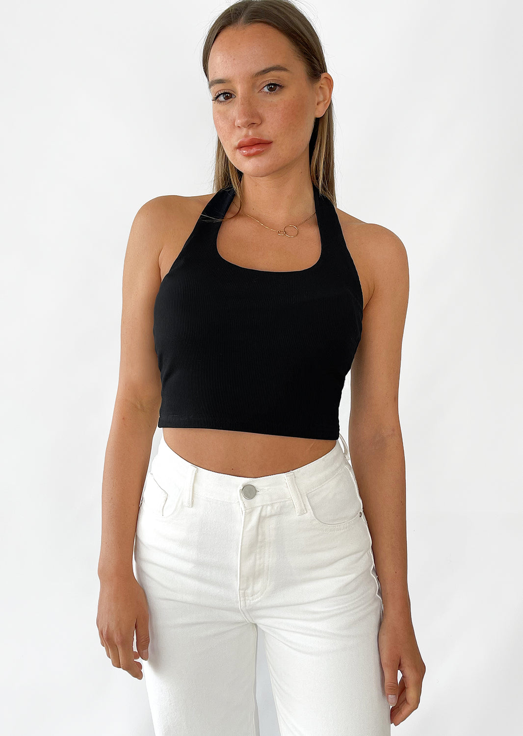 Square halter neck crop top in black