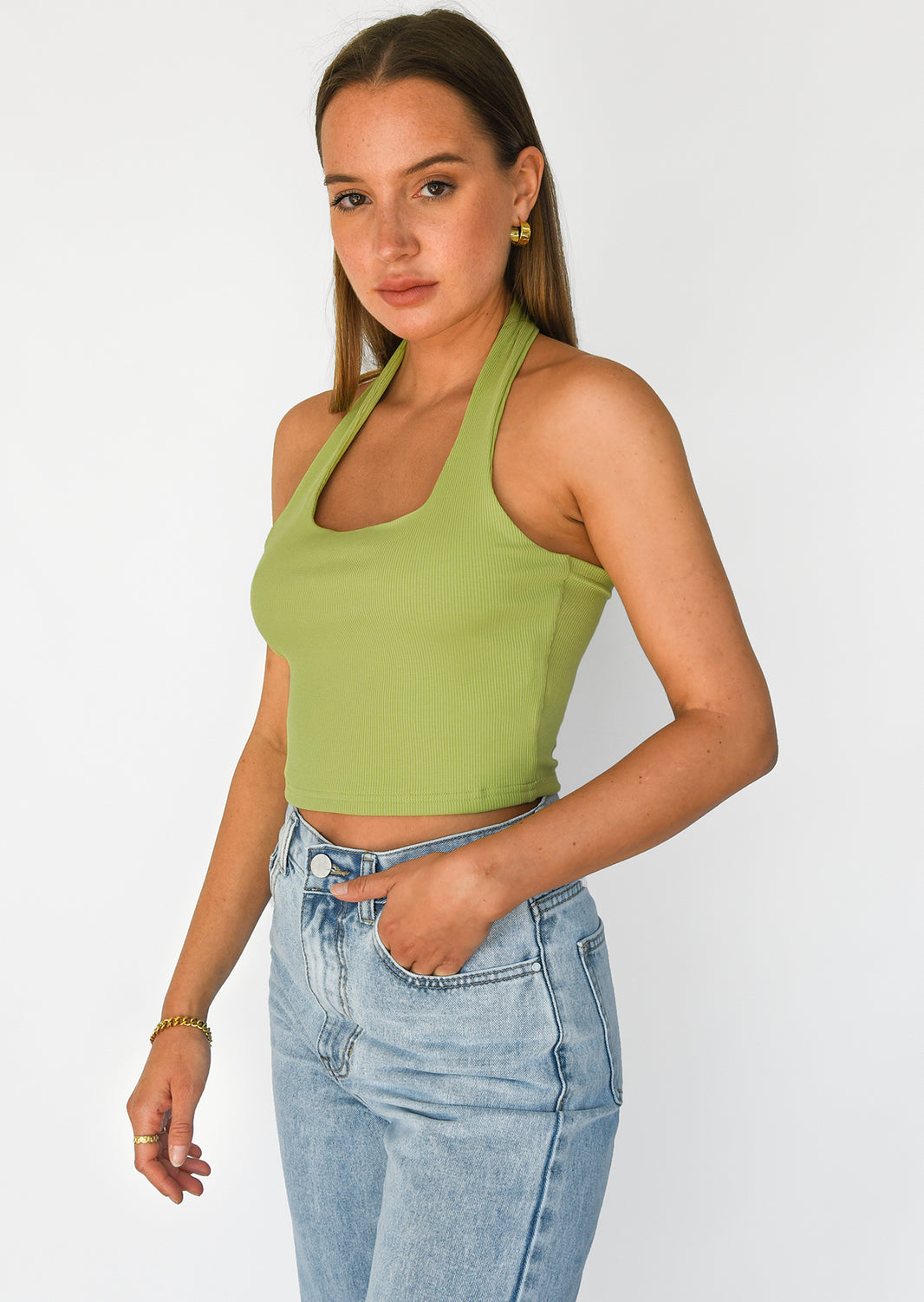 Square halter neck crop top in green