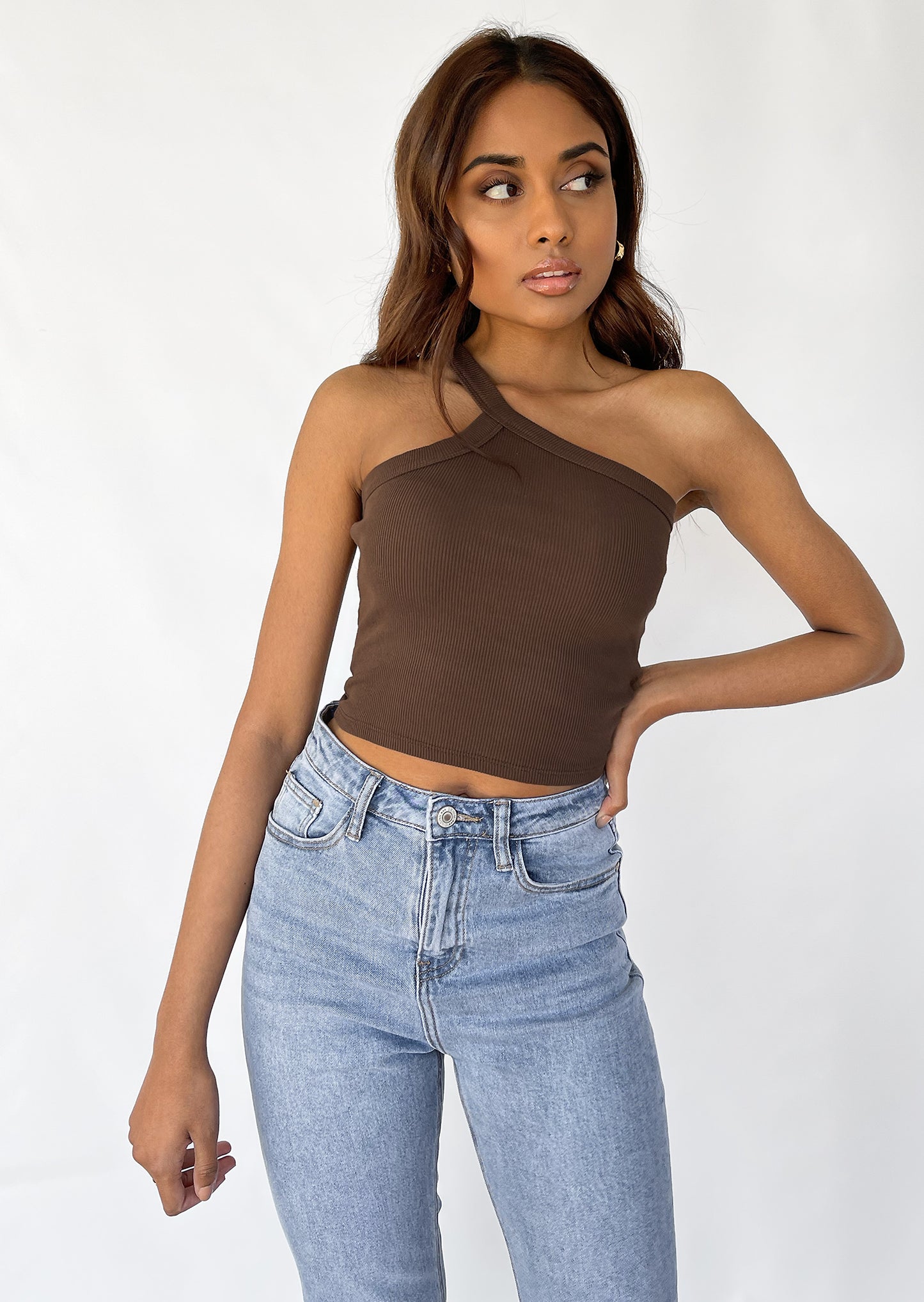 One shoulder crop rib top in brown