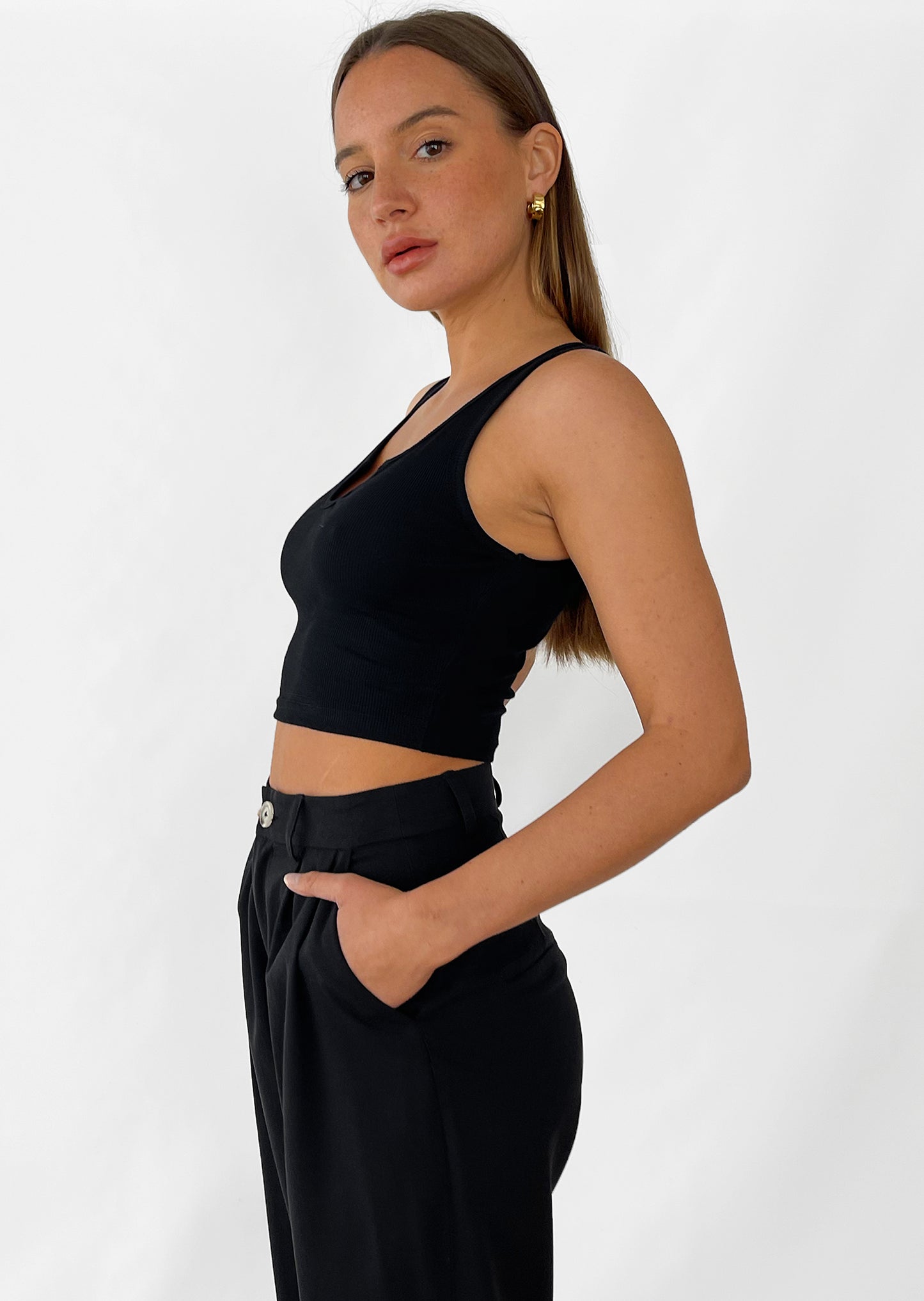 Ribbed vest with notch neck in black