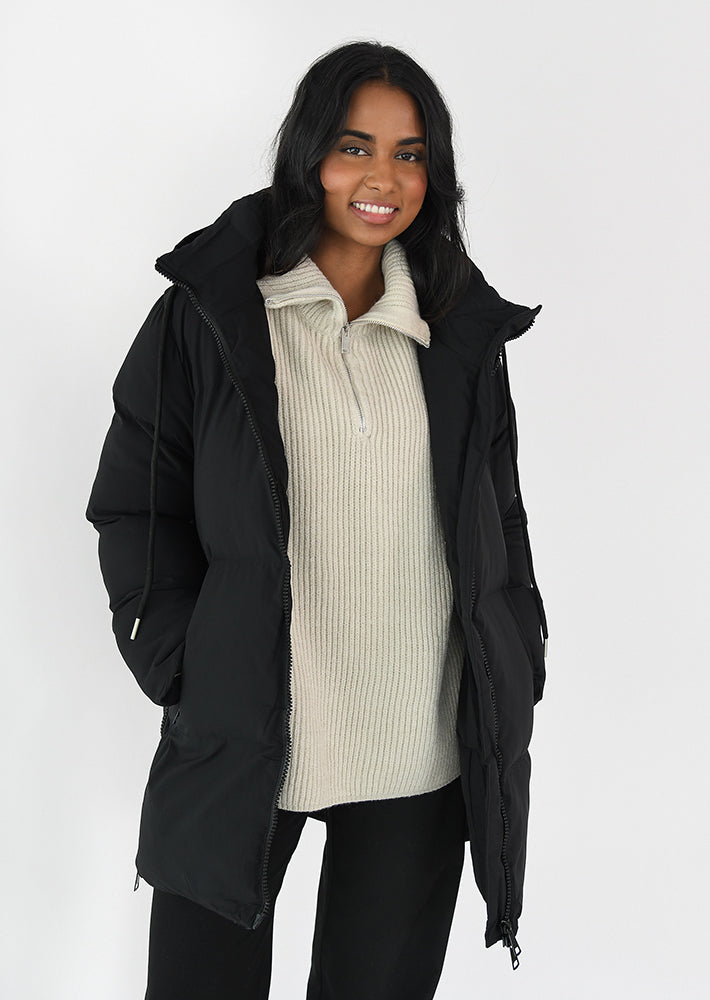 Medium length puffer jacket on sale