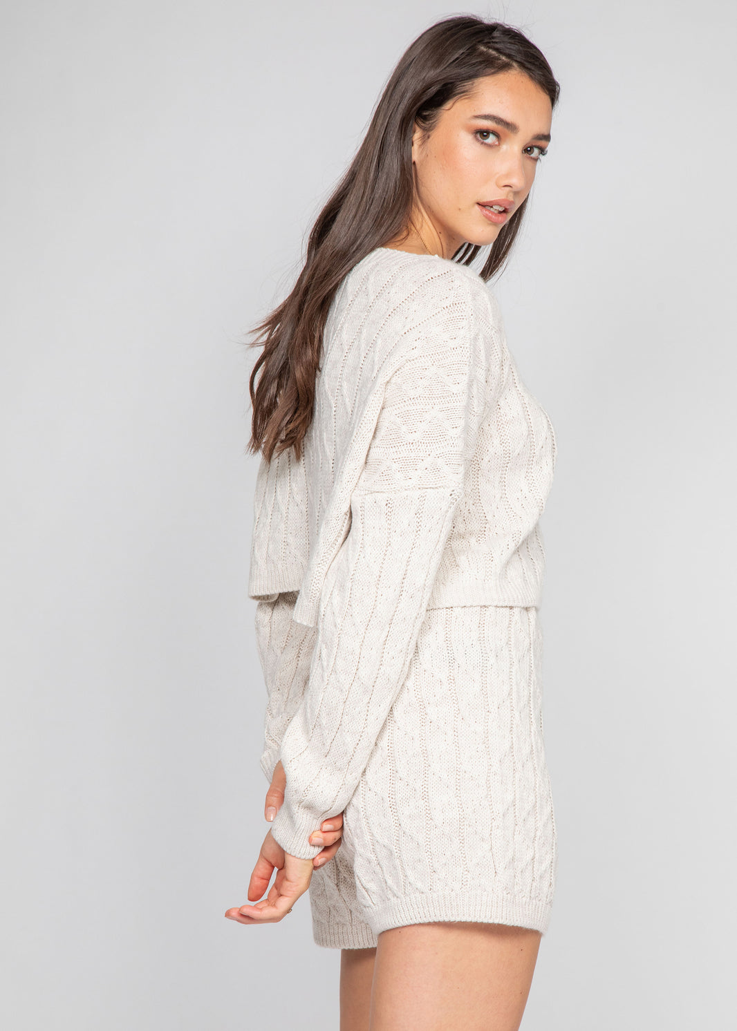 Cable knit jumper and shorts co-ord in beige