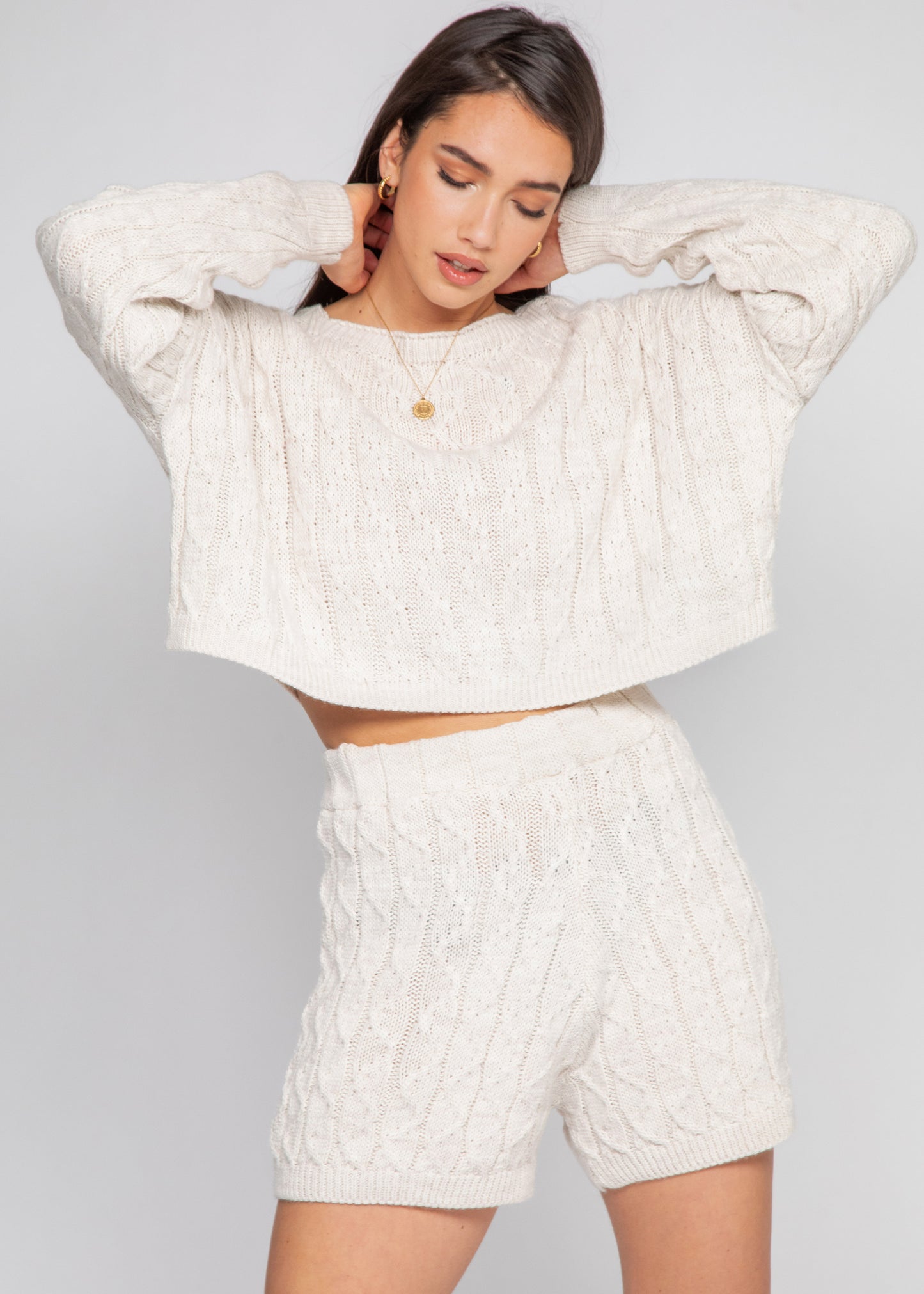 Cable knit jumper and shorts co-ord in beige
