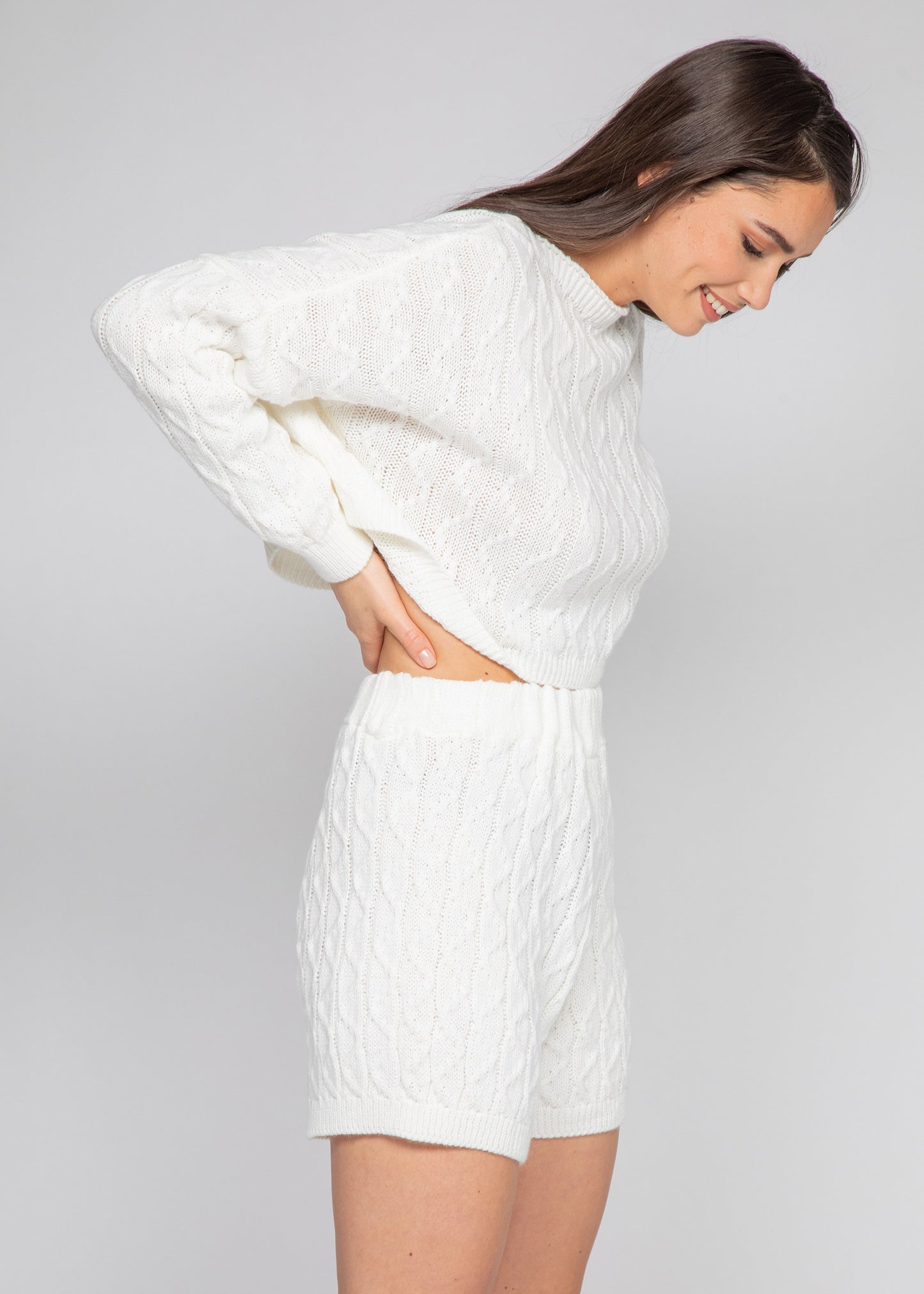 Cable knit jumper and shorts co-ord in white