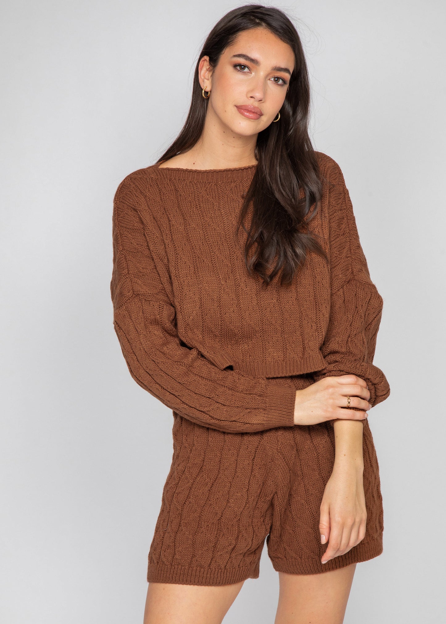 Cable knit jumper and shorts co-ord in brown