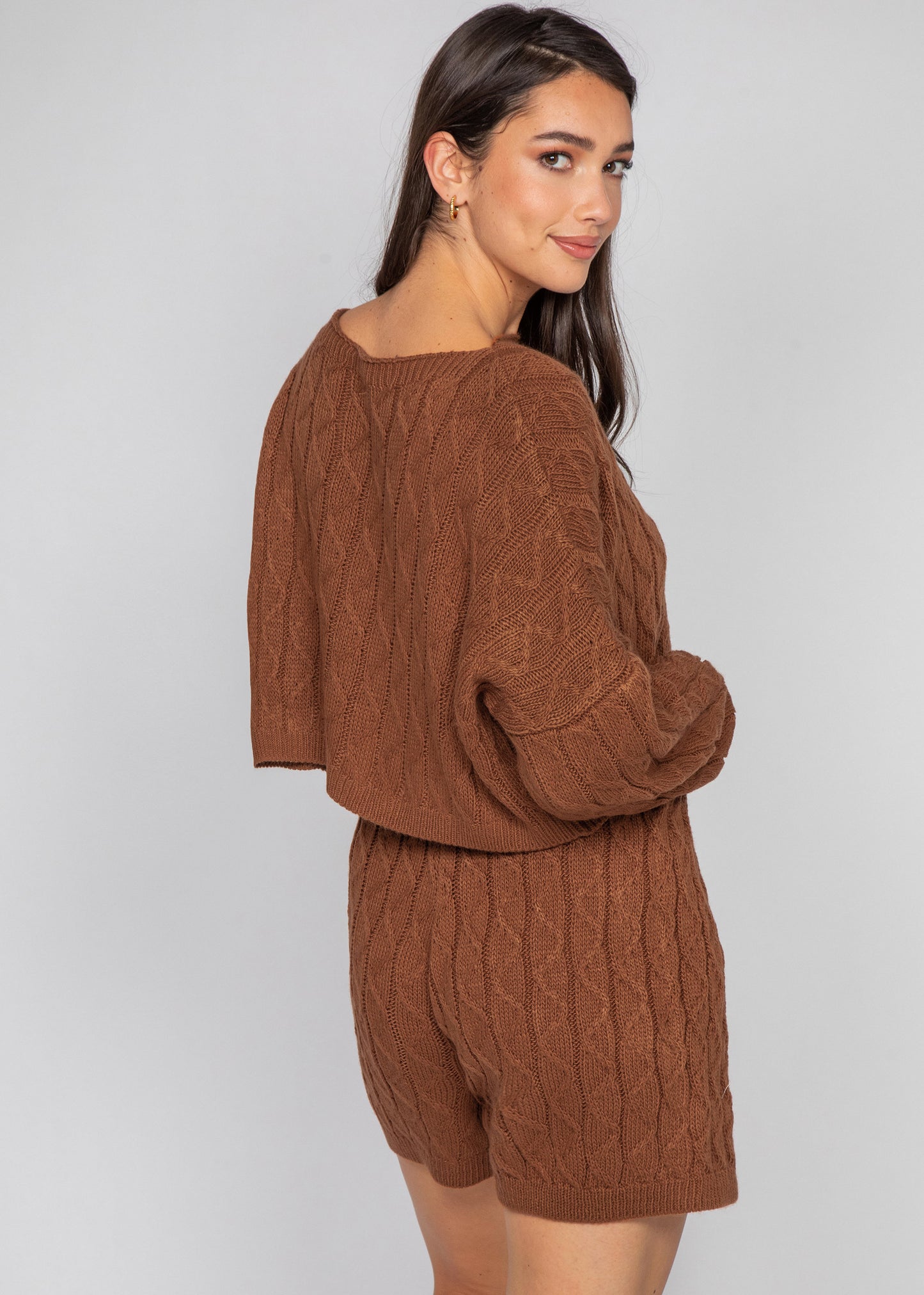 Cable knit jumper and shorts co-ord in brown