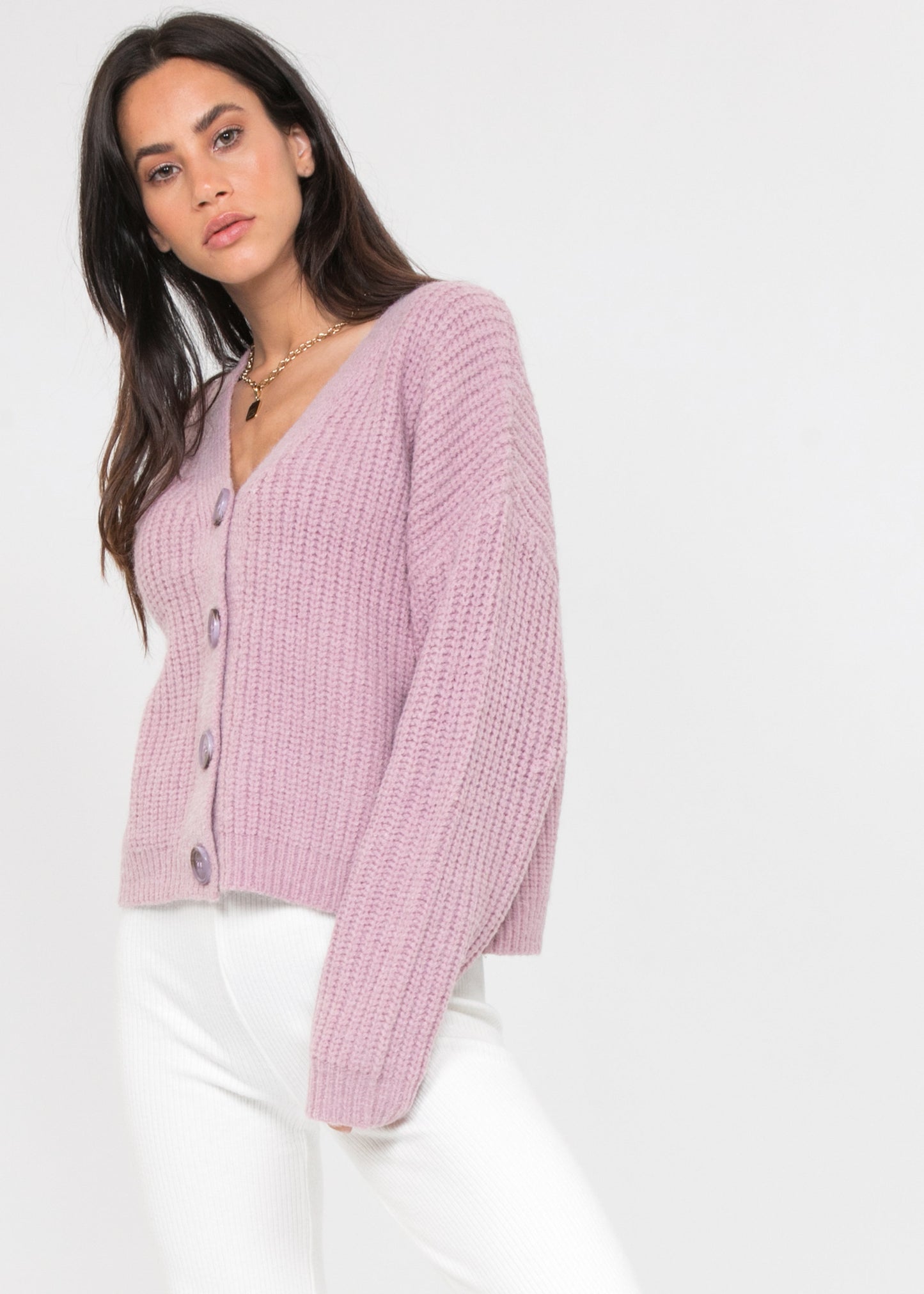 Lavender knit cardigan with buttons