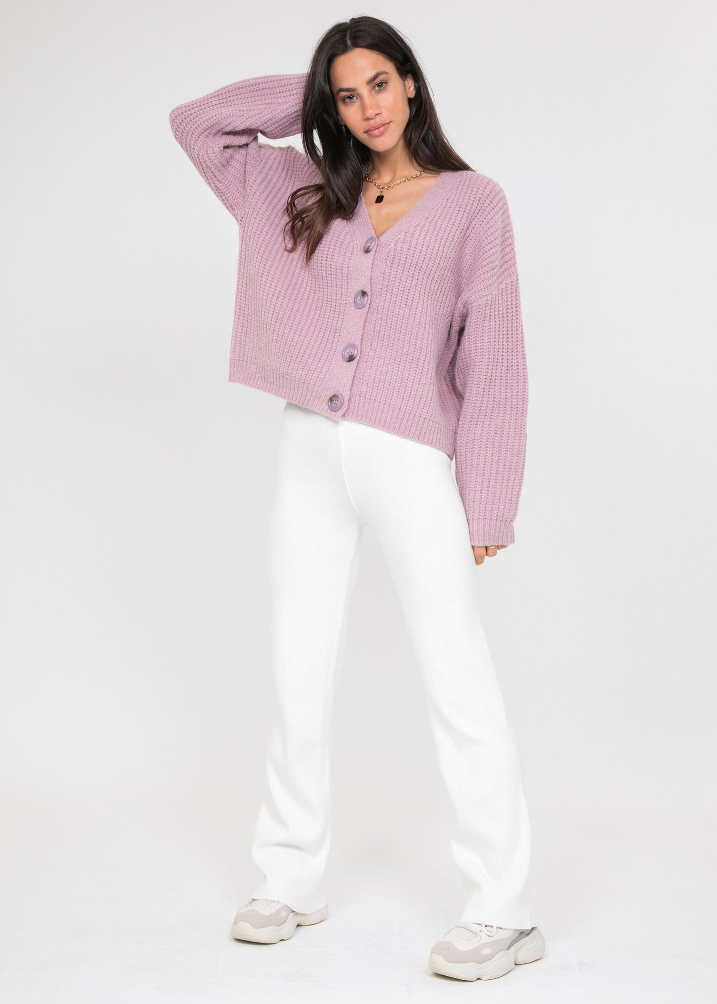 Lavender knit cardigan with buttons