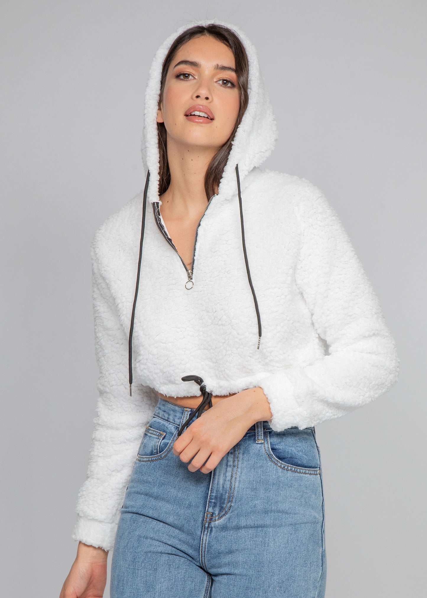 Borg hoodie with half zip in white