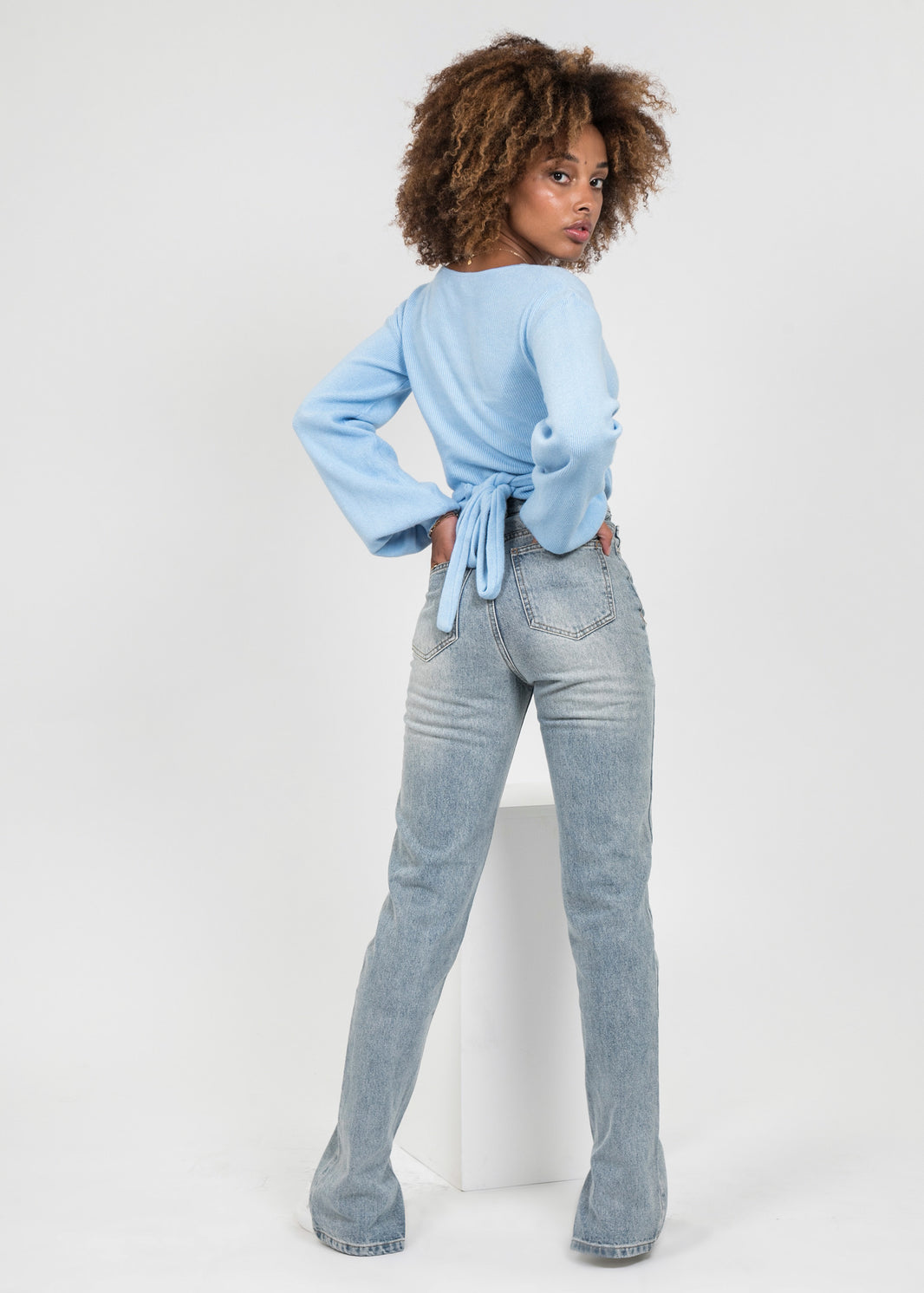 Straight jean with split hem detail in light blue