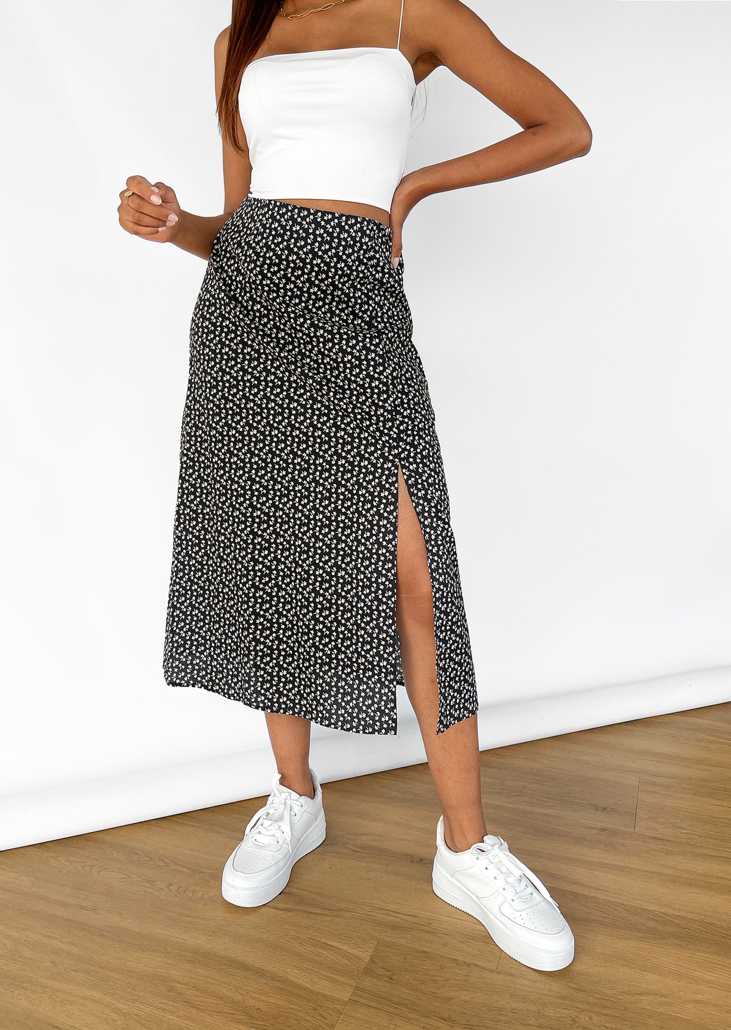 Floral midi skirt with side split in black
