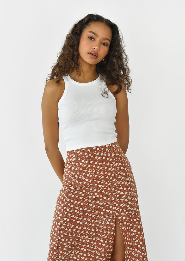 Midi skirt with side split in brown