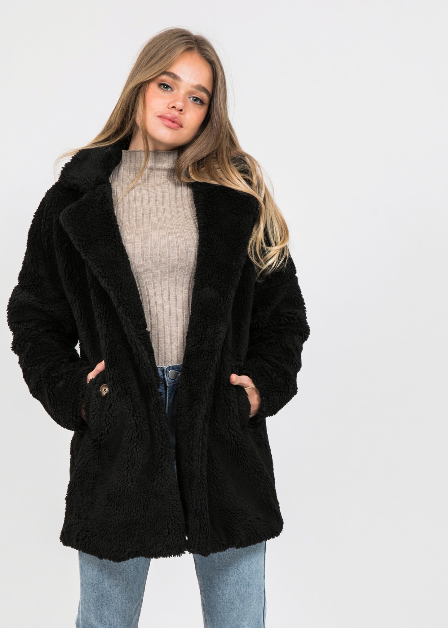Faux fur coat in black