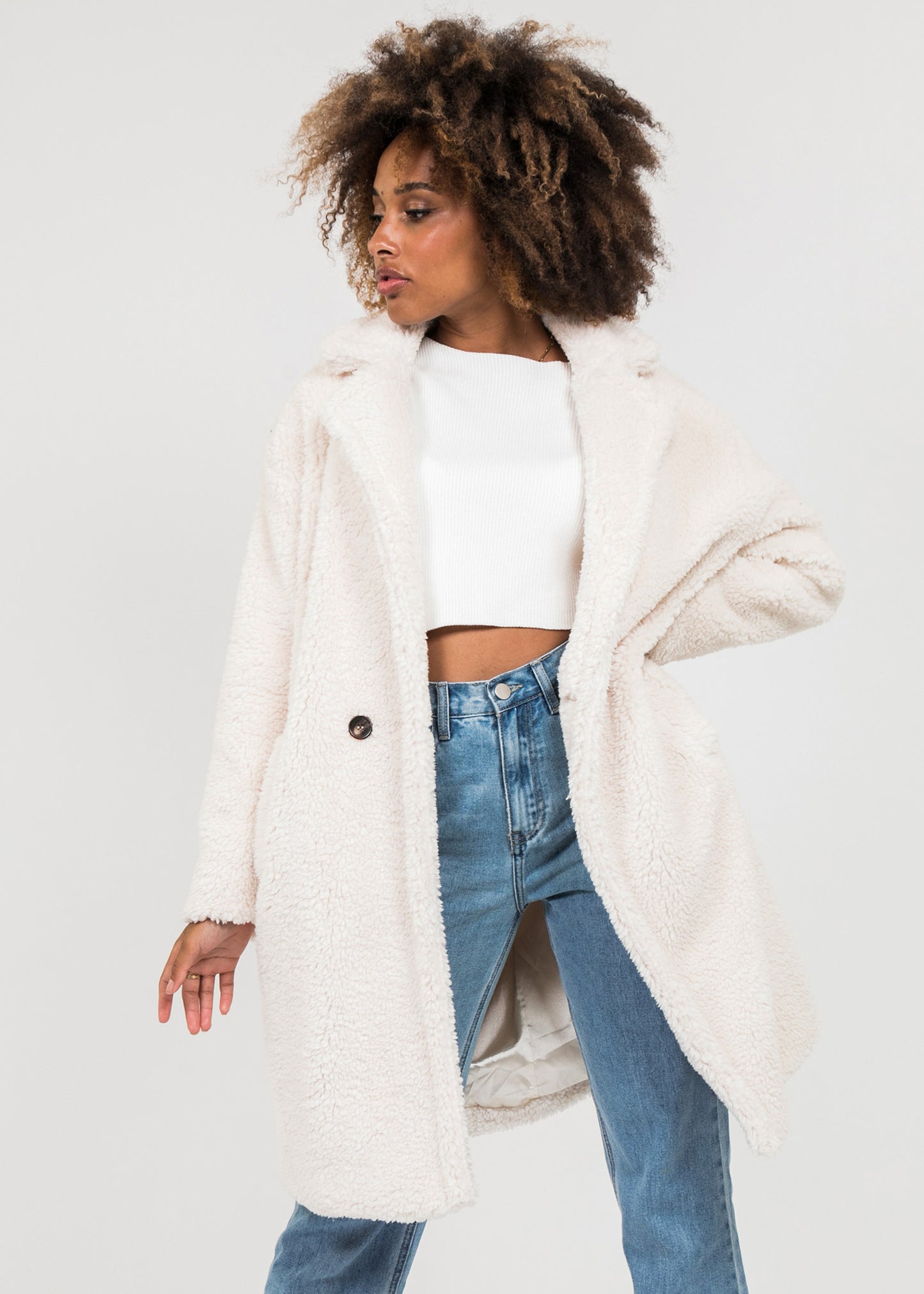 Manteau long crème effet peau de mouton