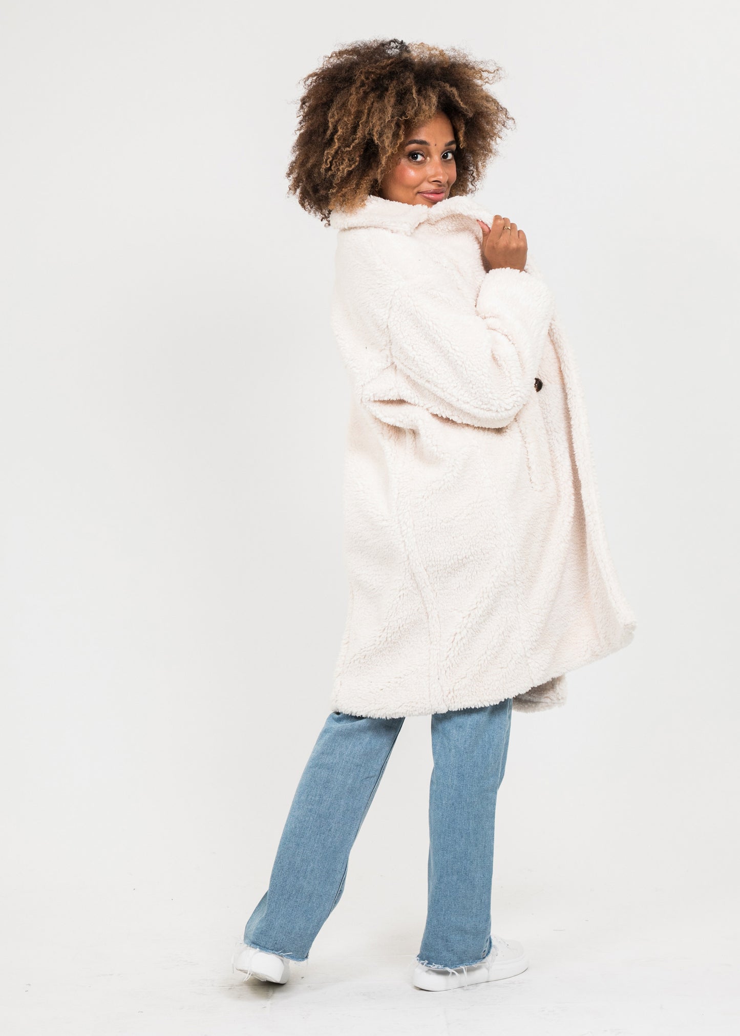 Manteau long crème effet peau de mouton