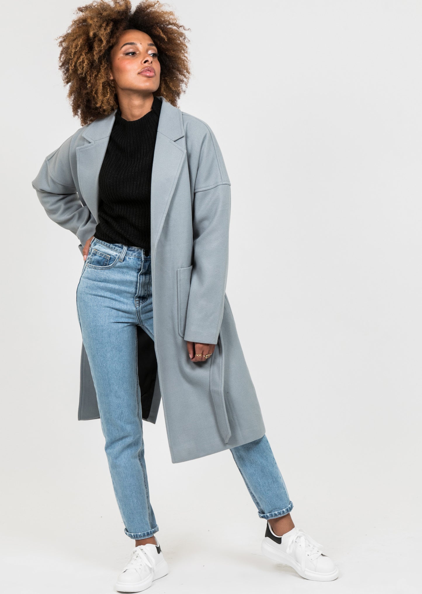 Grey long belted coat