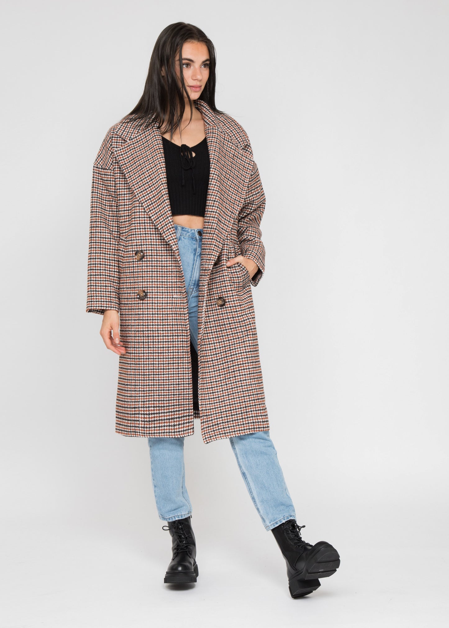 Long oversized checked coat